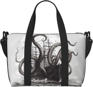 Sports Gym Bag for Women Men Travel Duffel Bag Tote Black and White Octopus and Ship Weekender Bag Canvas Carry on Overnight Bag for Travel Swimming Fitness Workout Sports Duffle Bag