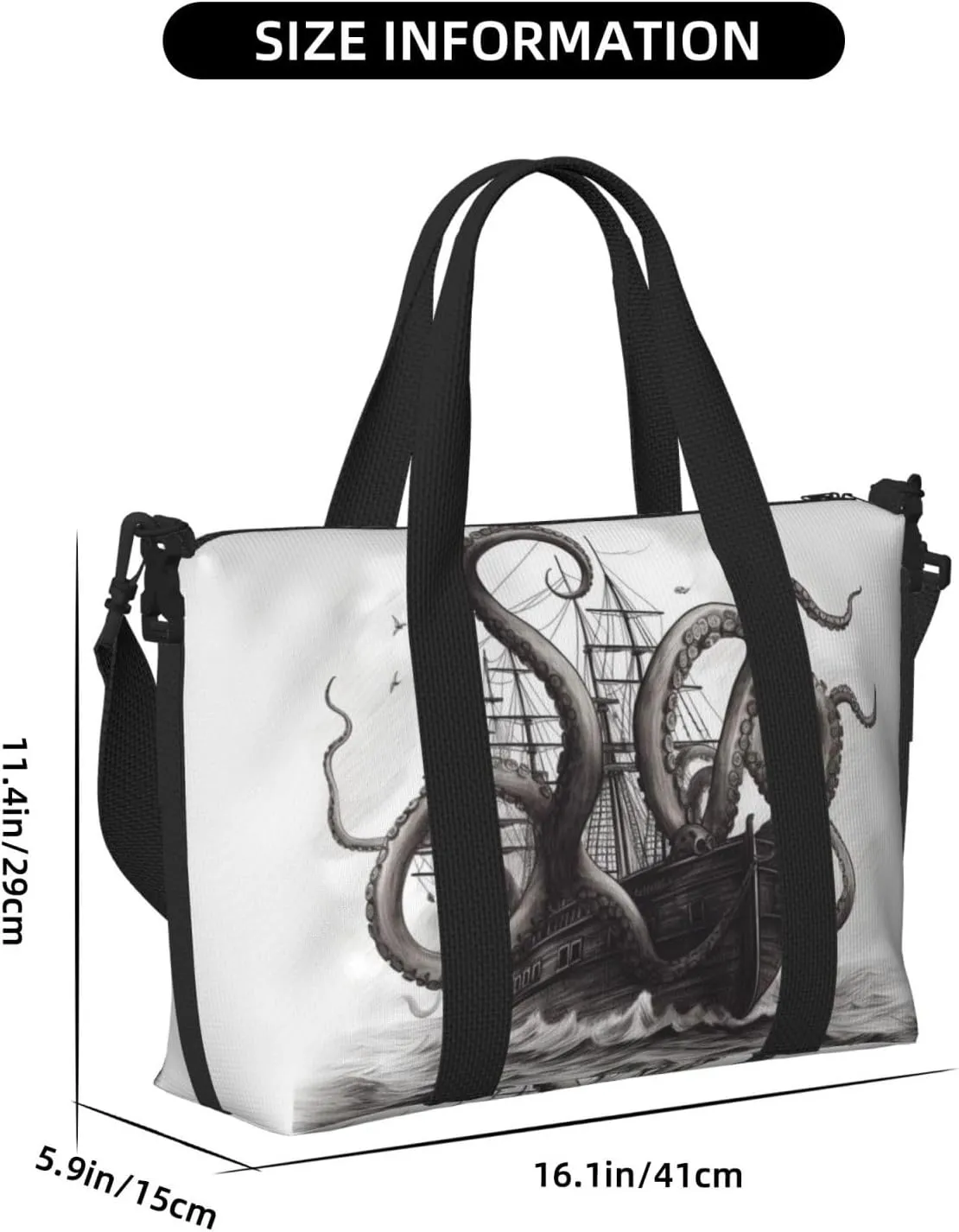 Sports Gym Bag for Women Men Travel Duffel Bag Tote Black and White Octopus and Ship Weekender Bag Canvas Carry on Overnight Bag for Travel Swimming Fitness Workout Sports Duffle Bag
