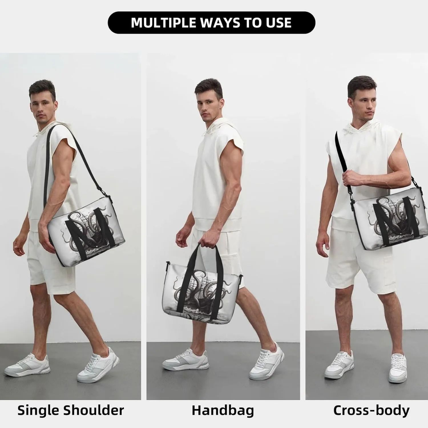 Sports Gym Bag for Women Men Travel Duffel Bag Tote Black and White Octopus and Ship Weekender Bag Canvas Carry on Overnight Bag for Travel Swimming Fitness Workout Sports Duffle Bag