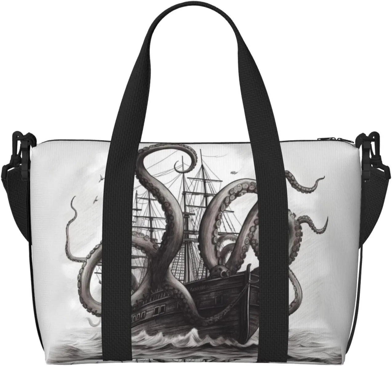 Sports Gym Bag for Women Men Travel Duffel Bag Tote Black and White Octopus and Ship Weekender Bag Canvas Carry on Overnight Bag for Travel Swimming Fitness Workout Sports Duffle Bag