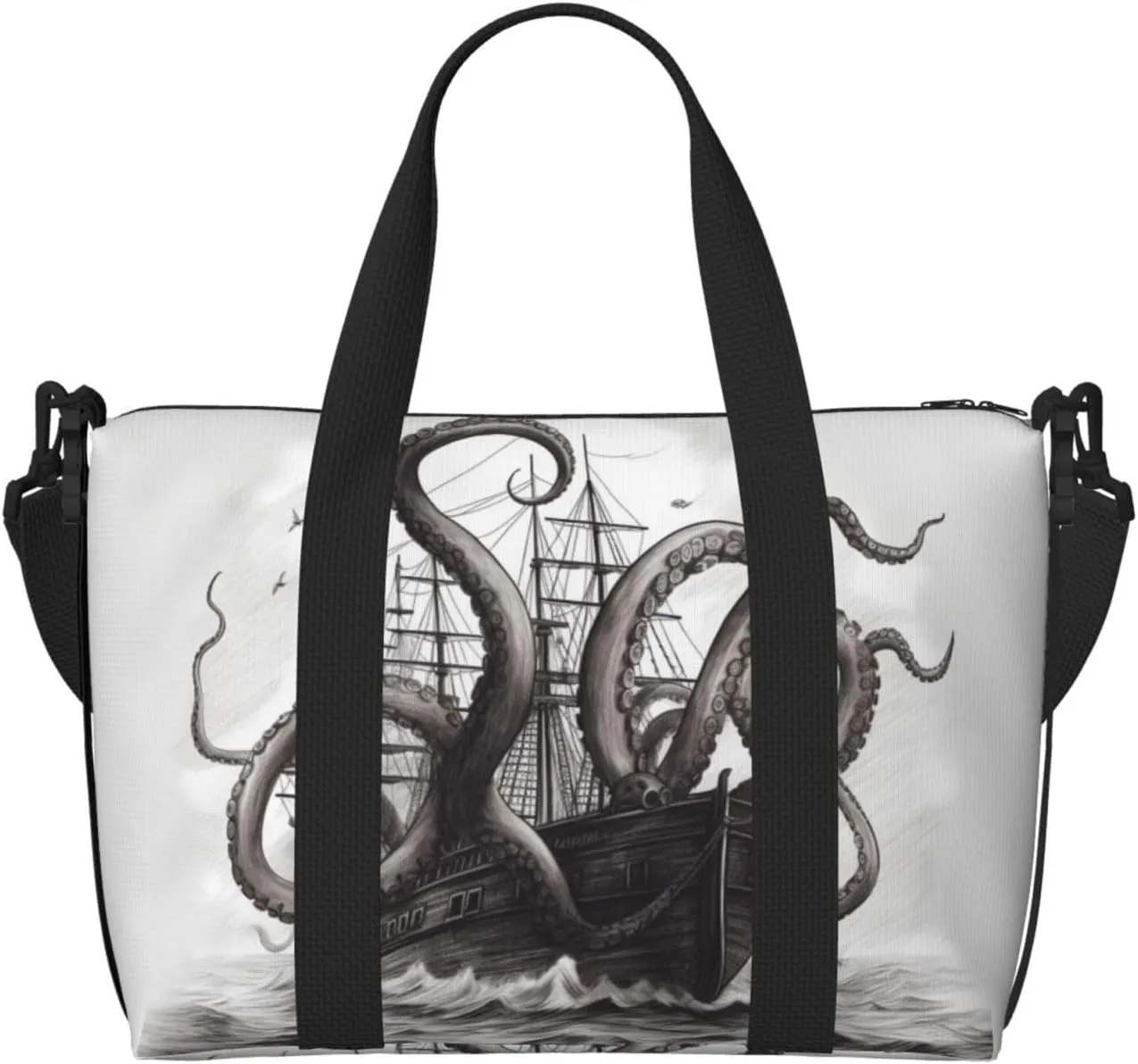 Sports Gym Bag for Women Men Travel Duffel Bag Tote Black and White Octopus and Ship Weekender Bag Canvas Carry on Overnight Bag for Travel Swimming Fitness Workout Sports Duffle Bag