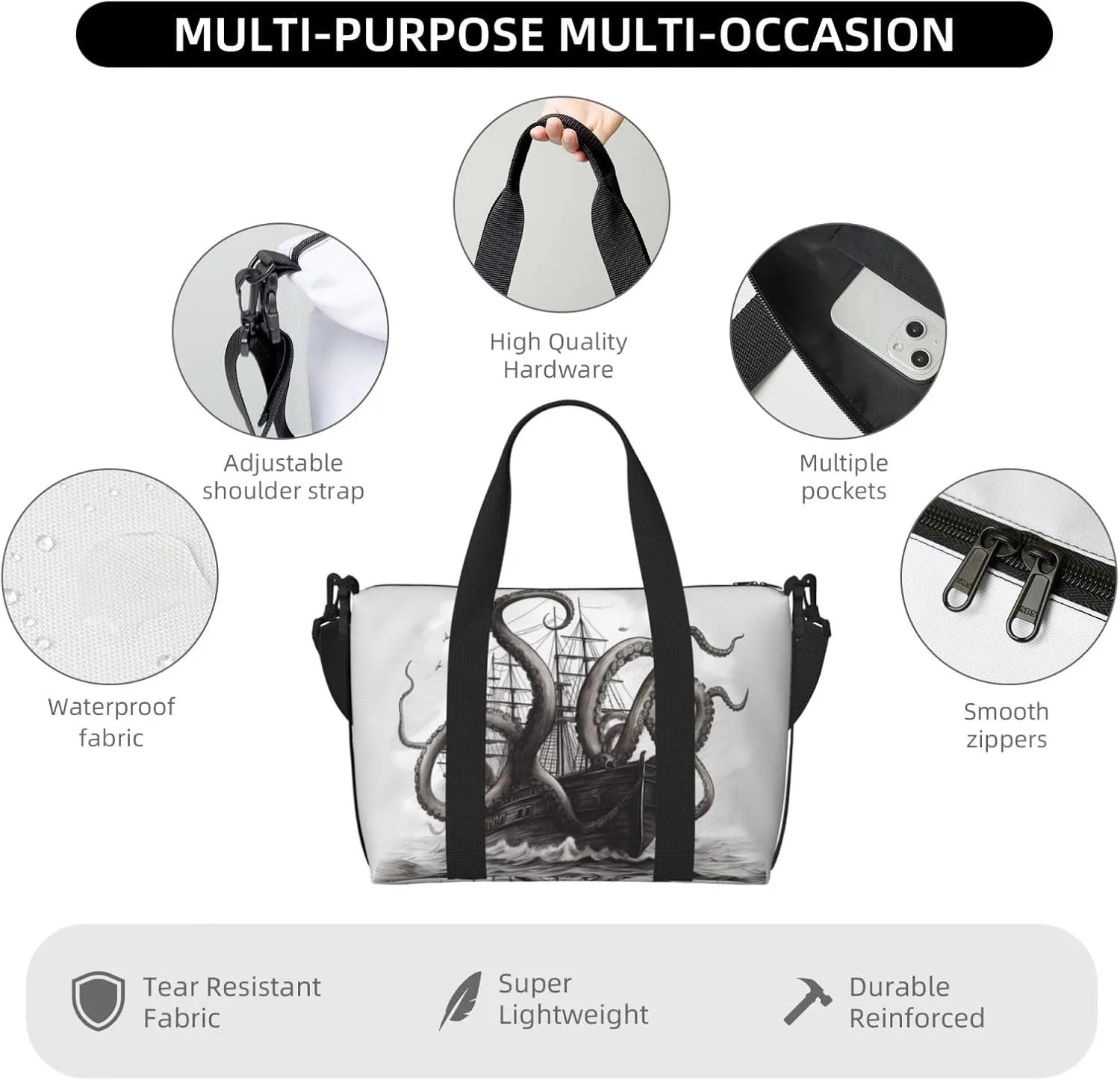 Sports Gym Bag for Women Men Travel Duffel Bag Tote Black and White Octopus and Ship Weekender Bag Canvas Carry on Overnight Bag for Travel Swimming Fitness Workout Sports Duffle Bag