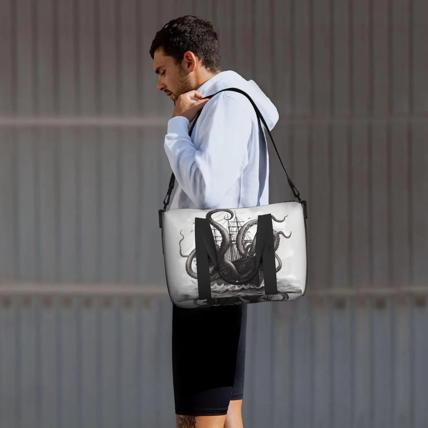 Sports Gym Bag for Women Men Travel Duffel Bag Tote Black and White Octopus and Ship Weekender Bag Canvas Carry on Overnight Bag for Travel Swimming Fitness Workout Sports Duffle Bag