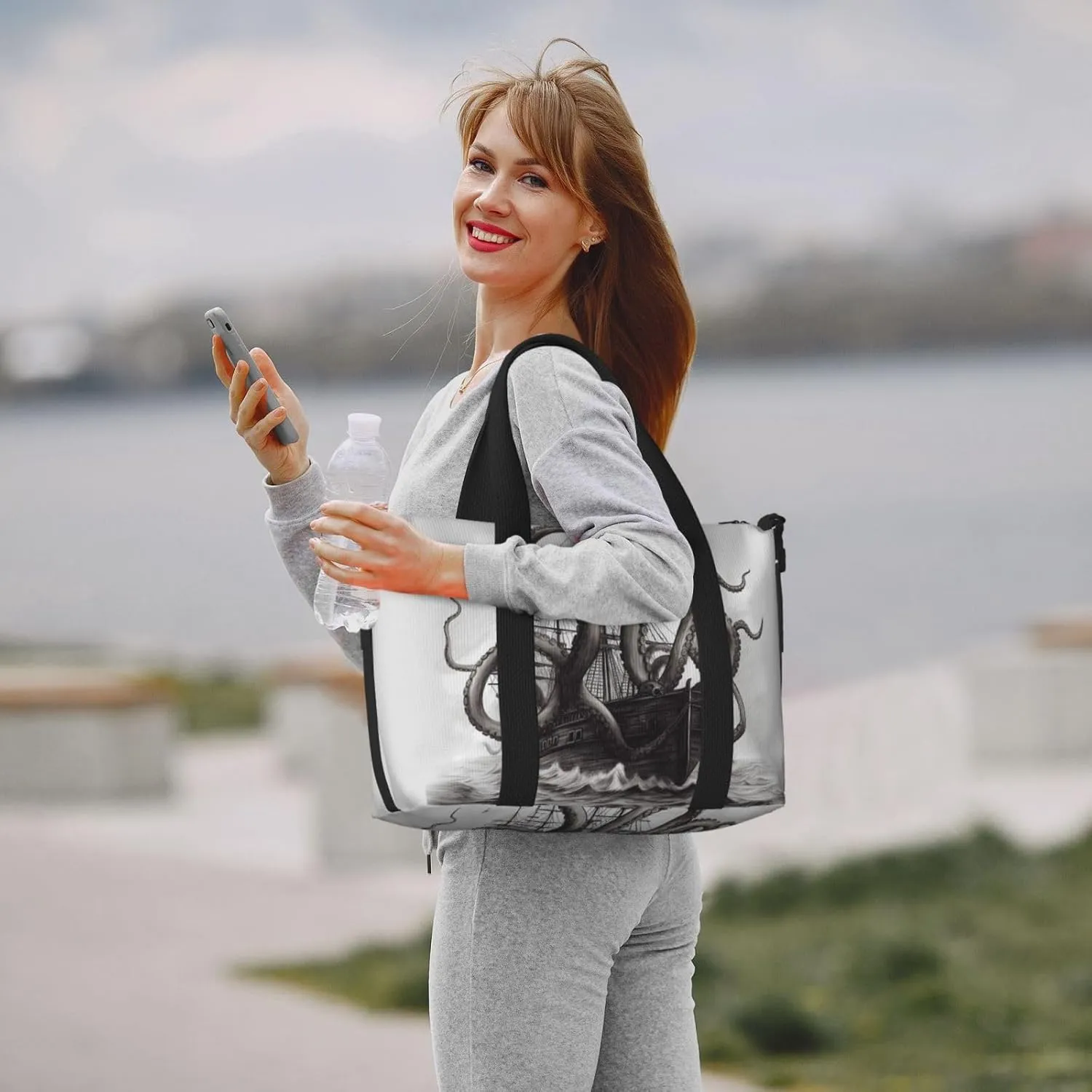 Sports Gym Bag for Women Men Travel Duffel Bag Tote Black and White Octopus and Ship Weekender Bag Canvas Carry on Overnight Bag for Travel Swimming Fitness Workout Sports Duffle Bag
