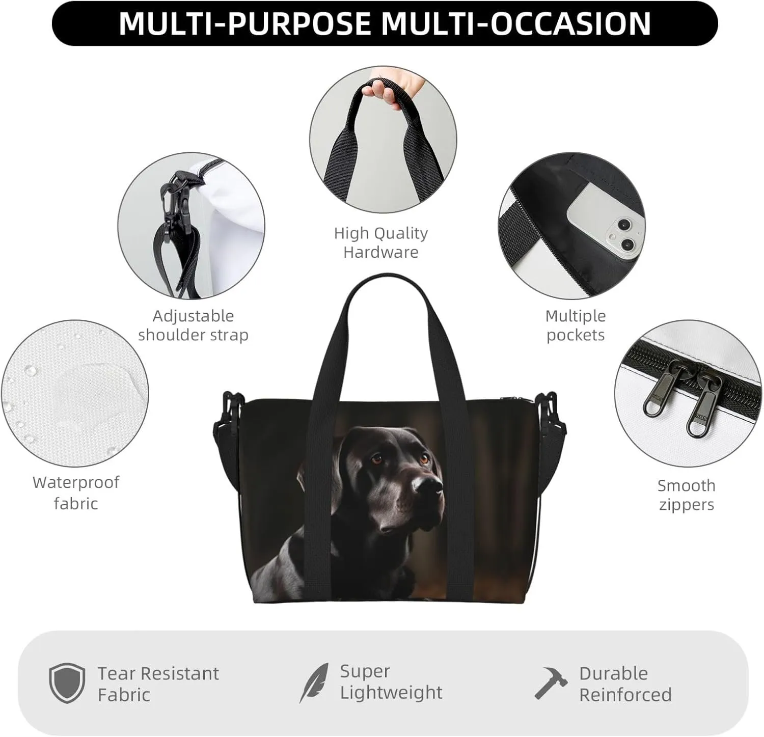 Sports Gym Bag for Women Men Travel Duffel Bag Tote Black Labrador Weekender Bag Canvas Carry on Overnight Bag for Travel Swimming Fitness Workout Sports Duffle Bag