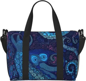 Sports Gym Bag for Women Men Travel Duffel Bag Tote Blue Octopus Weekender Bag Canvas Carry on Overnight Bag for Travel Swimming Fitness Workout Sports Duffle Bag