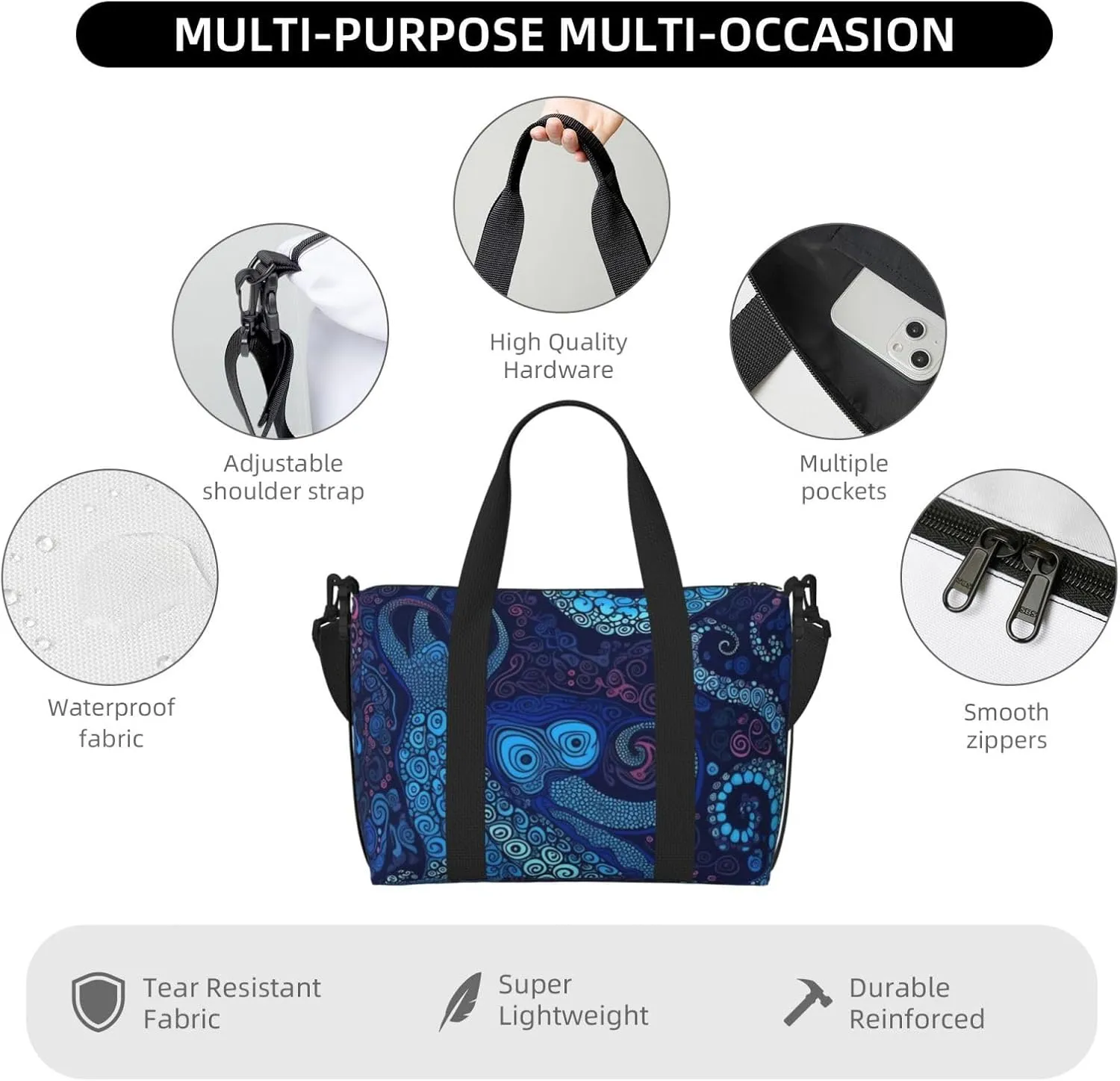 Sports Gym Bag for Women Men Travel Duffel Bag Tote Blue Octopus Weekender Bag Canvas Carry on Overnight Bag for Travel Swimming Fitness Workout Sports Duffle Bag