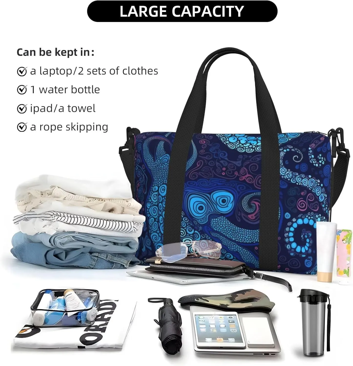 Sports Gym Bag for Women Men Travel Duffel Bag Tote Blue Octopus Weekender Bag Canvas Carry on Overnight Bag for Travel Swimming Fitness Workout Sports Duffle Bag
