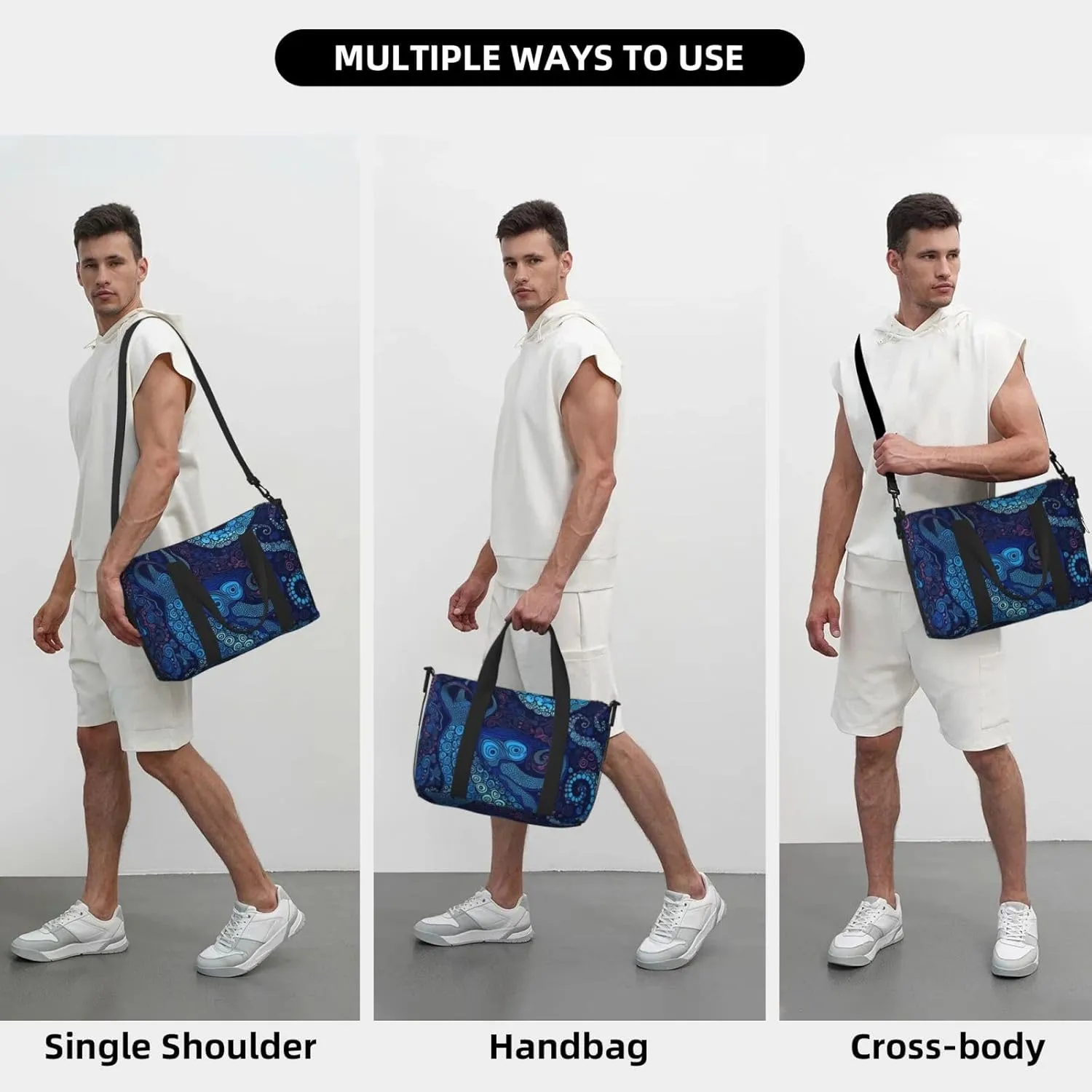 Sports Gym Bag for Women Men Travel Duffel Bag Tote Blue Octopus Weekender Bag Canvas Carry on Overnight Bag for Travel Swimming Fitness Workout Sports Duffle Bag