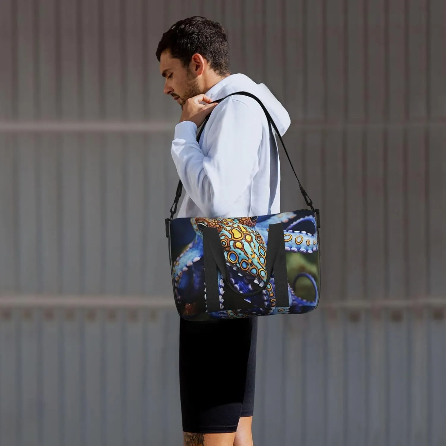 Sports Gym Bag for Women Men Travel Duffel Bag Tote Blue Ringed Octopus Weekender Bag Canvas Carry on Overnight Bag for Travel Swimming Fitness Workout Sports Duffle Bag