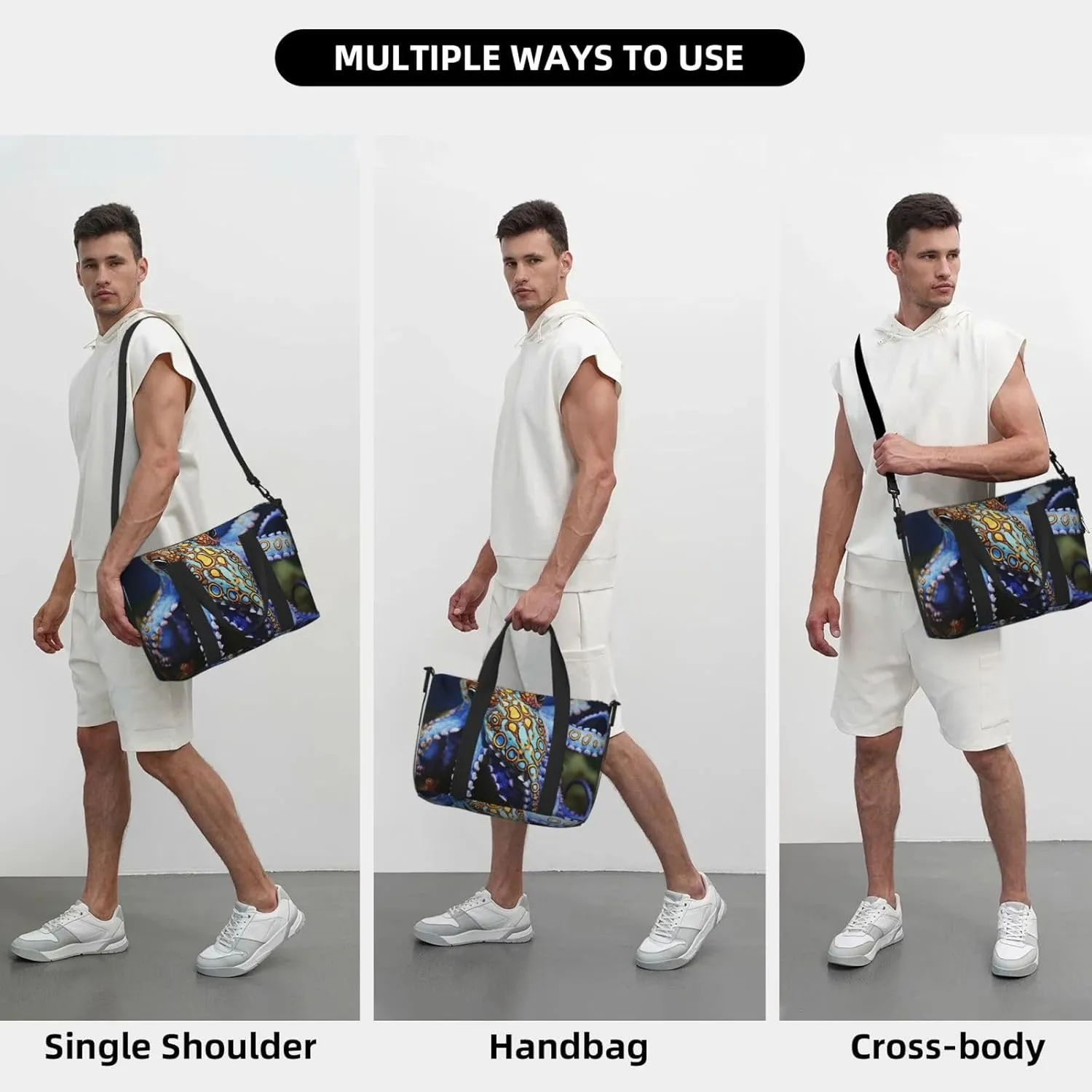 Sports Gym Bag for Women Men Travel Duffel Bag Tote Blue Ringed Octopus Weekender Bag Canvas Carry on Overnight Bag for Travel Swimming Fitness Workout Sports Duffle Bag