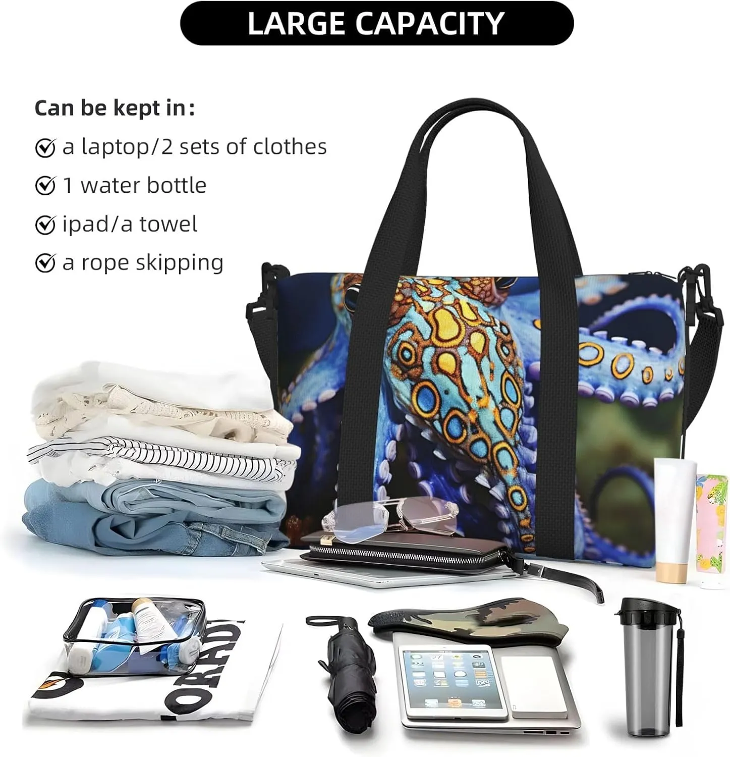 Sports Gym Bag for Women Men Travel Duffel Bag Tote Blue Ringed Octopus Weekender Bag Canvas Carry on Overnight Bag for Travel Swimming Fitness Workout Sports Duffle Bag