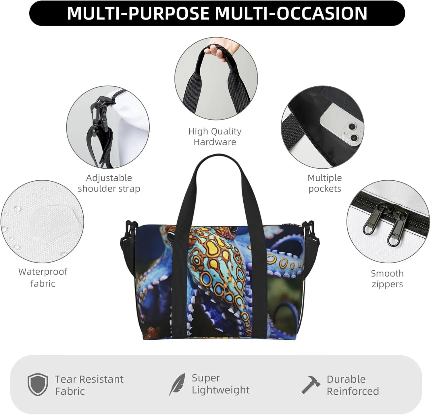 Sports Gym Bag for Women Men Travel Duffel Bag Tote Blue Ringed Octopus Weekender Bag Canvas Carry on Overnight Bag for Travel Swimming Fitness Workout Sports Duffle Bag