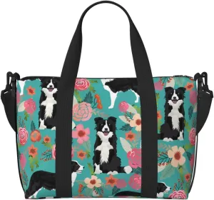 Sports Gym Bag for Women Men Travel Duffel Bag Tote Border Collie Florals Weekender Bag Canvas Carry on Overnight Bag for Travel Swimming Fitness Workout Sports Duffle Bag