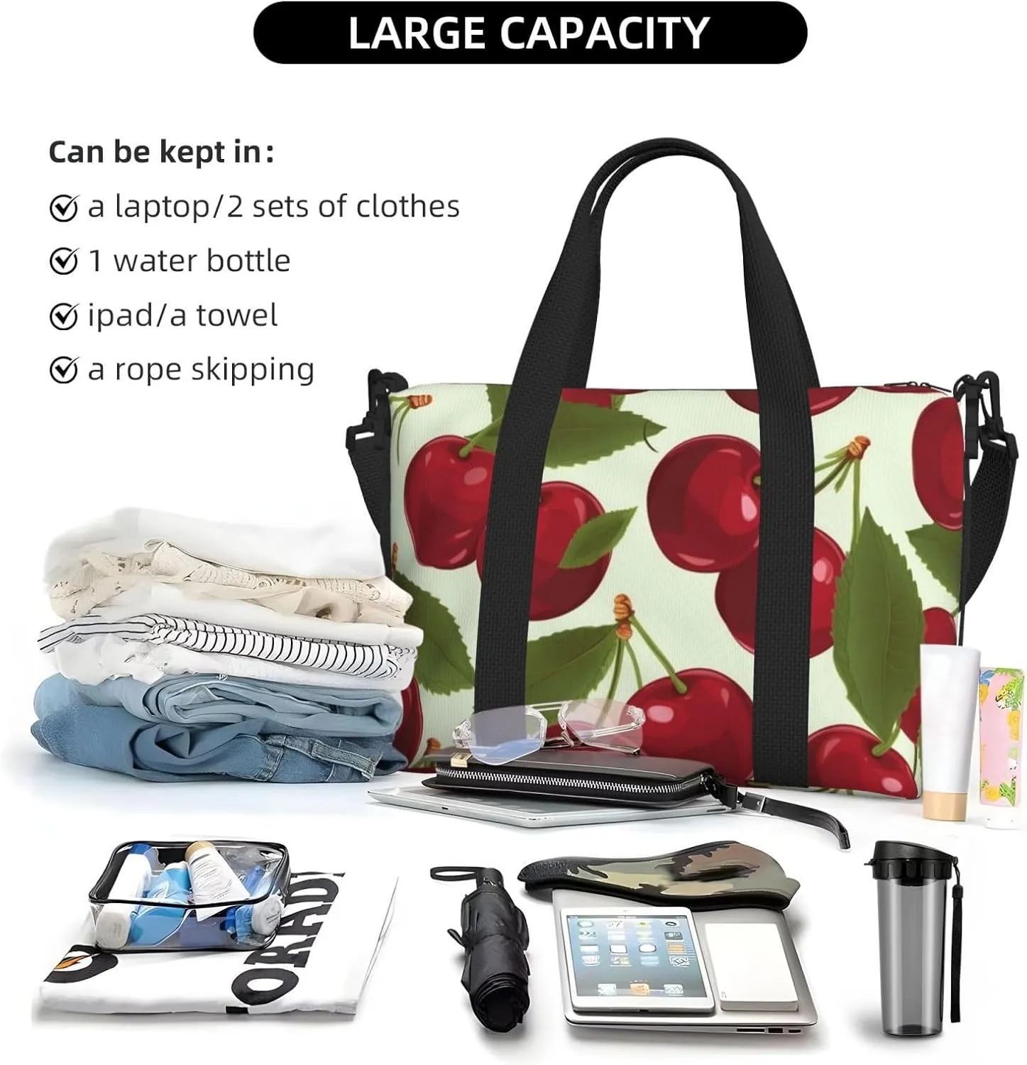 Sports Gym Bag for Women Men Travel Duffel Bag Tote Cherry fruit Weekender Bag Canvas Carry on Overnight Bag for Travel Swimming Fitness Workout Sports Duffle Bag