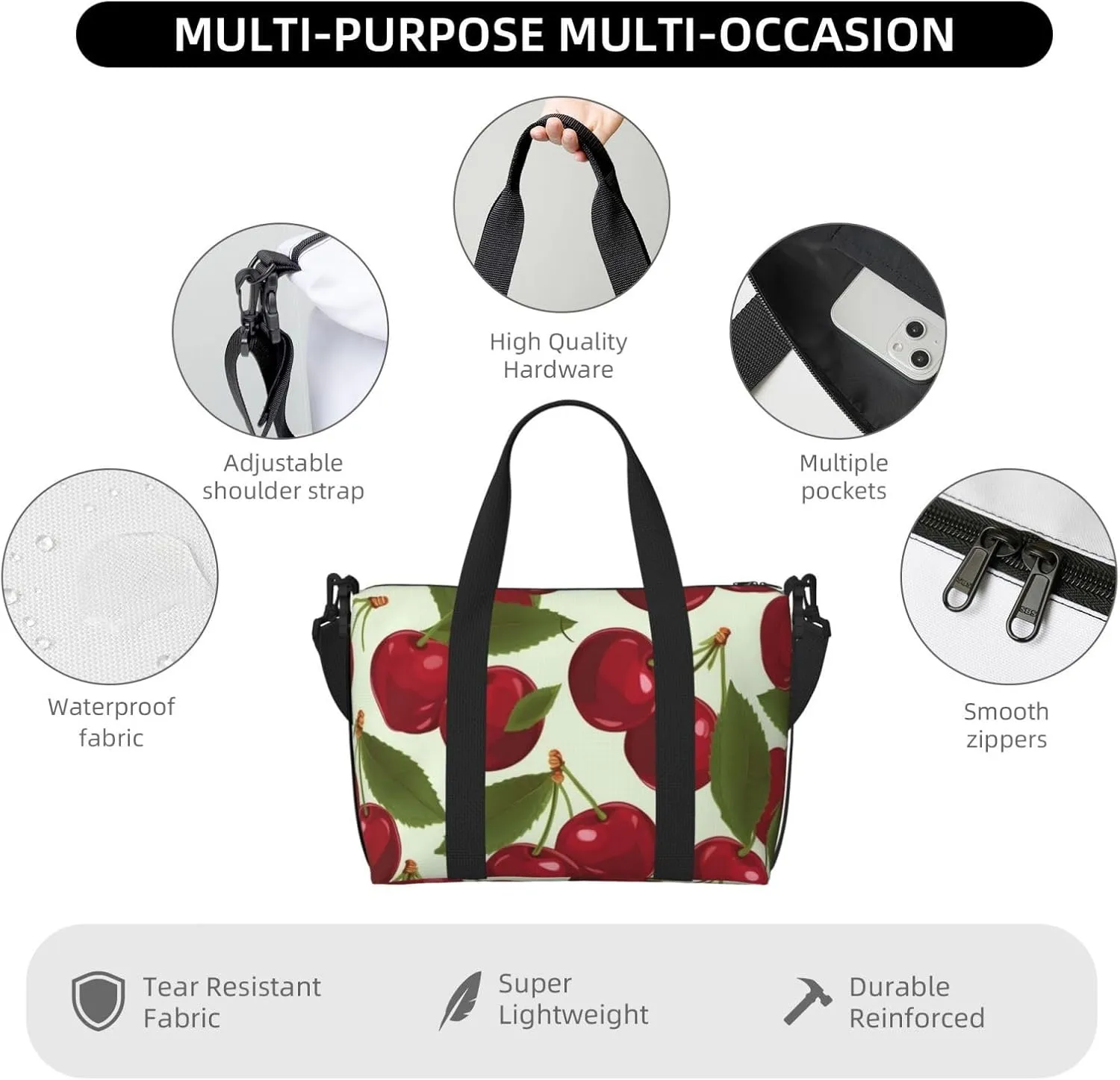 Sports Gym Bag for Women Men Travel Duffel Bag Tote Cherry fruit Weekender Bag Canvas Carry on Overnight Bag for Travel Swimming Fitness Workout Sports Duffle Bag