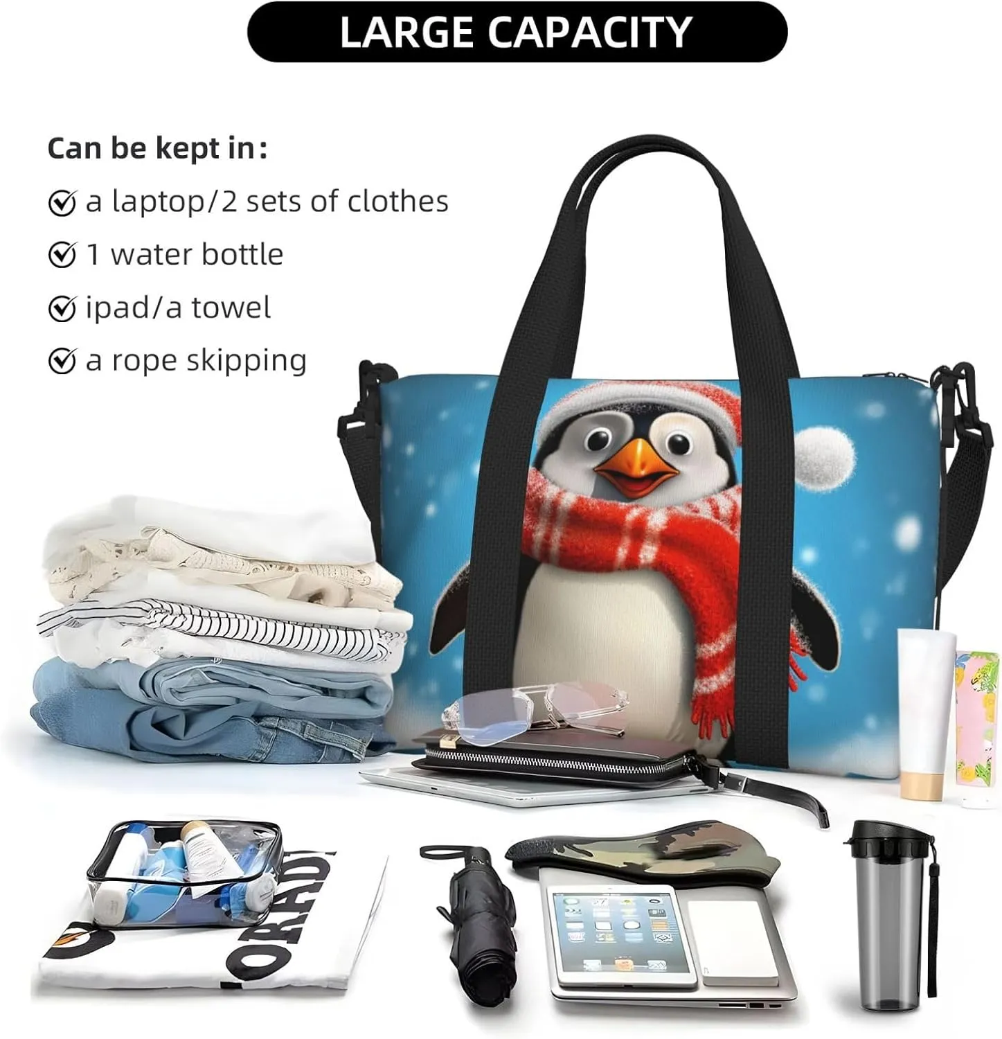 Sports Gym Bag for Women Men Travel Duffel Bag Tote Christmas Funny Penguin Weekender Bag Canvas Carry on Overnight Bag for Travel Swimming Fitness Workout Sports Duffle Bag