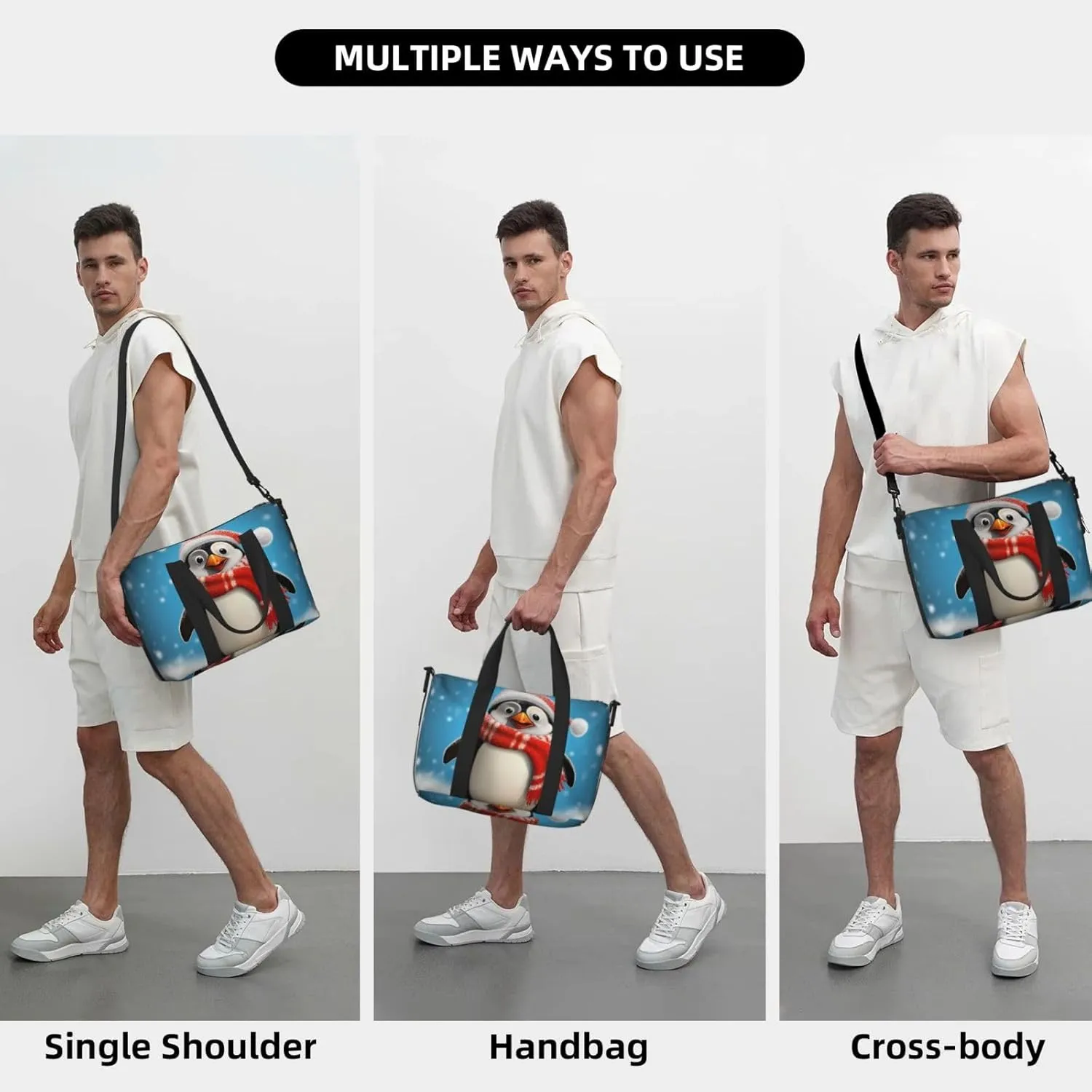 Sports Gym Bag for Women Men Travel Duffel Bag Tote Christmas Funny Penguin Weekender Bag Canvas Carry on Overnight Bag for Travel Swimming Fitness Workout Sports Duffle Bag