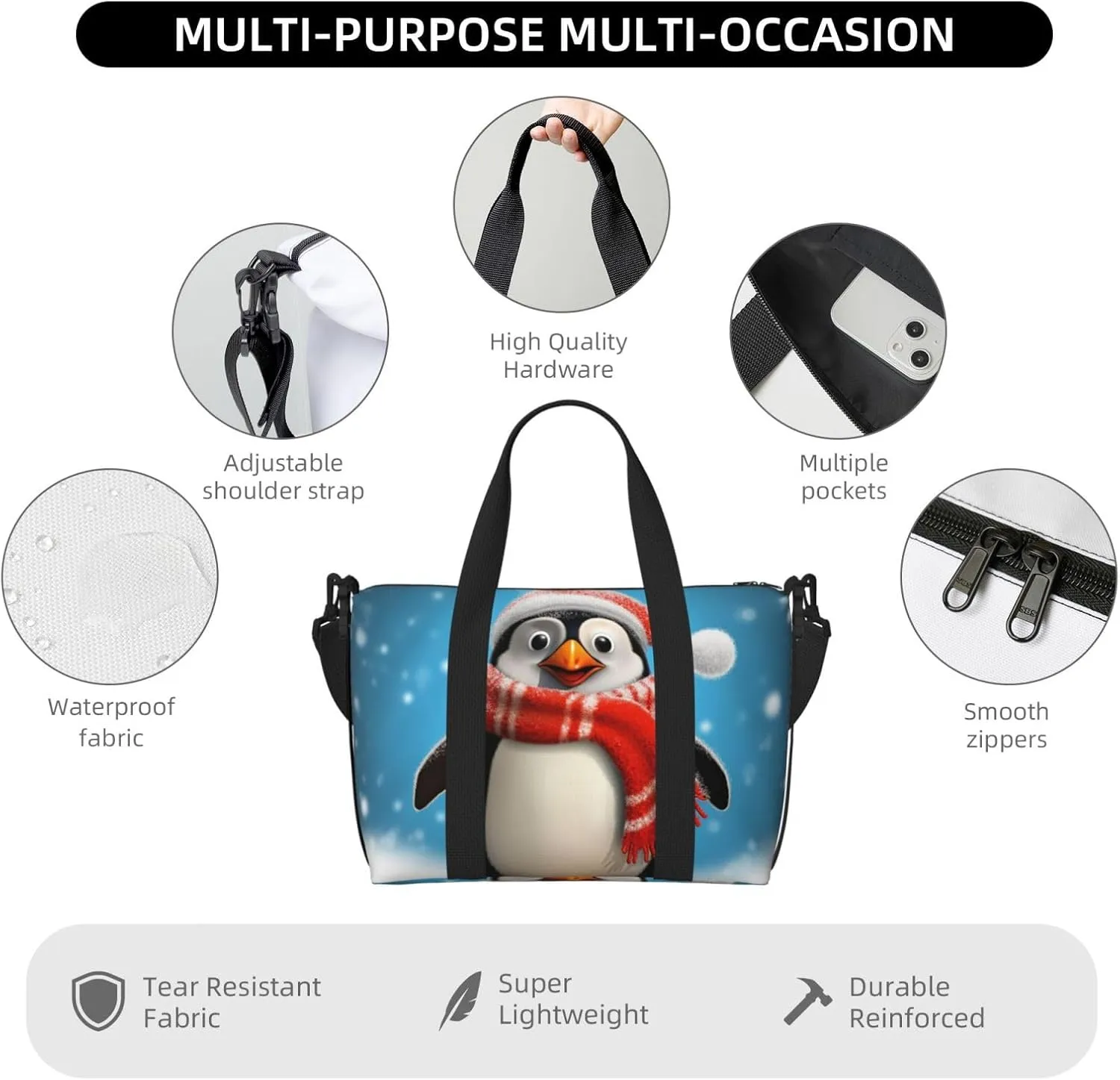 Sports Gym Bag for Women Men Travel Duffel Bag Tote Christmas Funny Penguin Weekender Bag Canvas Carry on Overnight Bag for Travel Swimming Fitness Workout Sports Duffle Bag
