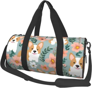 Sports Gym Bag for Women Men Travel Duffel Bag Tote Corgi Floral Flowers Spring Garden Weekender Bag Canvas Carry on Overnight Bag for Travel Swimming Fitness Workout Sports Duffle Bag