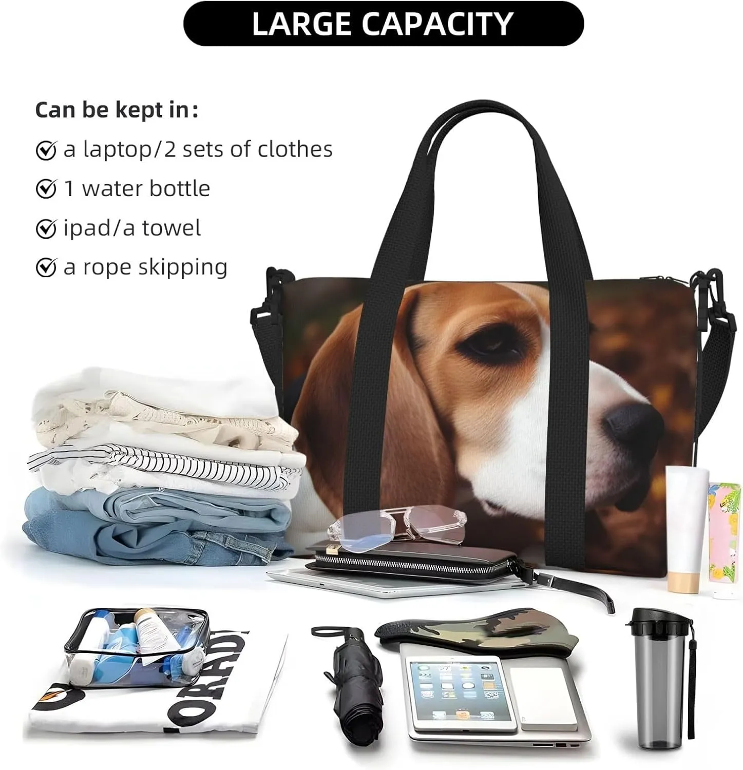 Sports Gym Bag for Women Men Travel Duffel Bag Tote Cute Beagle Weekender Bag Canvas Carry on Overnight Bag for Travel Swimming Fitness Workout Sports Duffle Bag