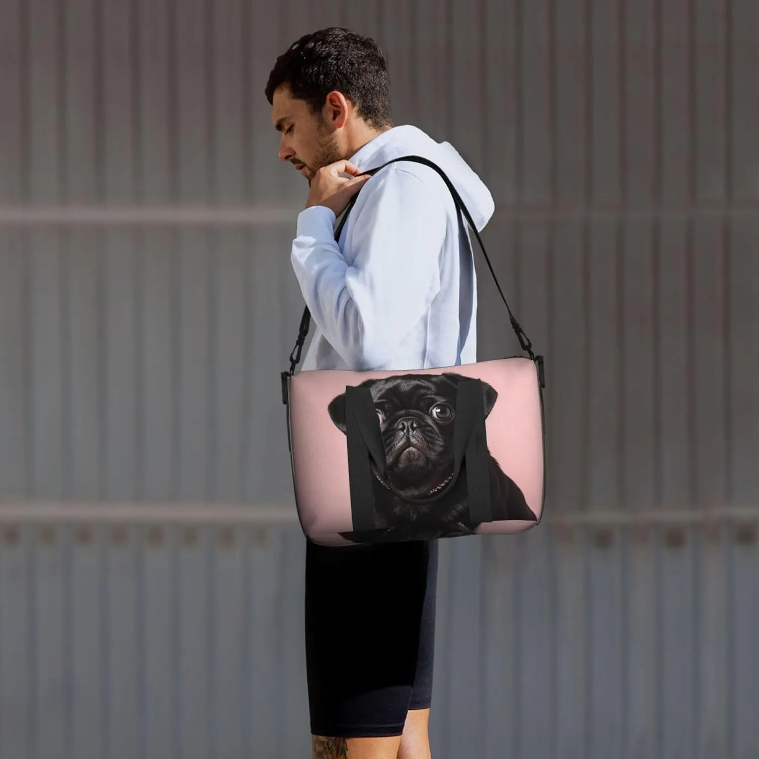 Sports Gym Bag for Women Men Travel Duffel Bag Tote Cute Black Pug Weekender Bag Canvas Carry on Overnight Bag for Travel Swimming Fitness Workout Sports Duffle Bag