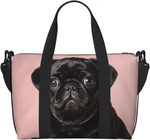 Sports Gym Bag for Women Men Travel Duffel Bag Tote Cute Black Pug Weekender Bag Canvas Carry on Overnight Bag for Travel Swimming Fitness Workout Sports Duffle Bag