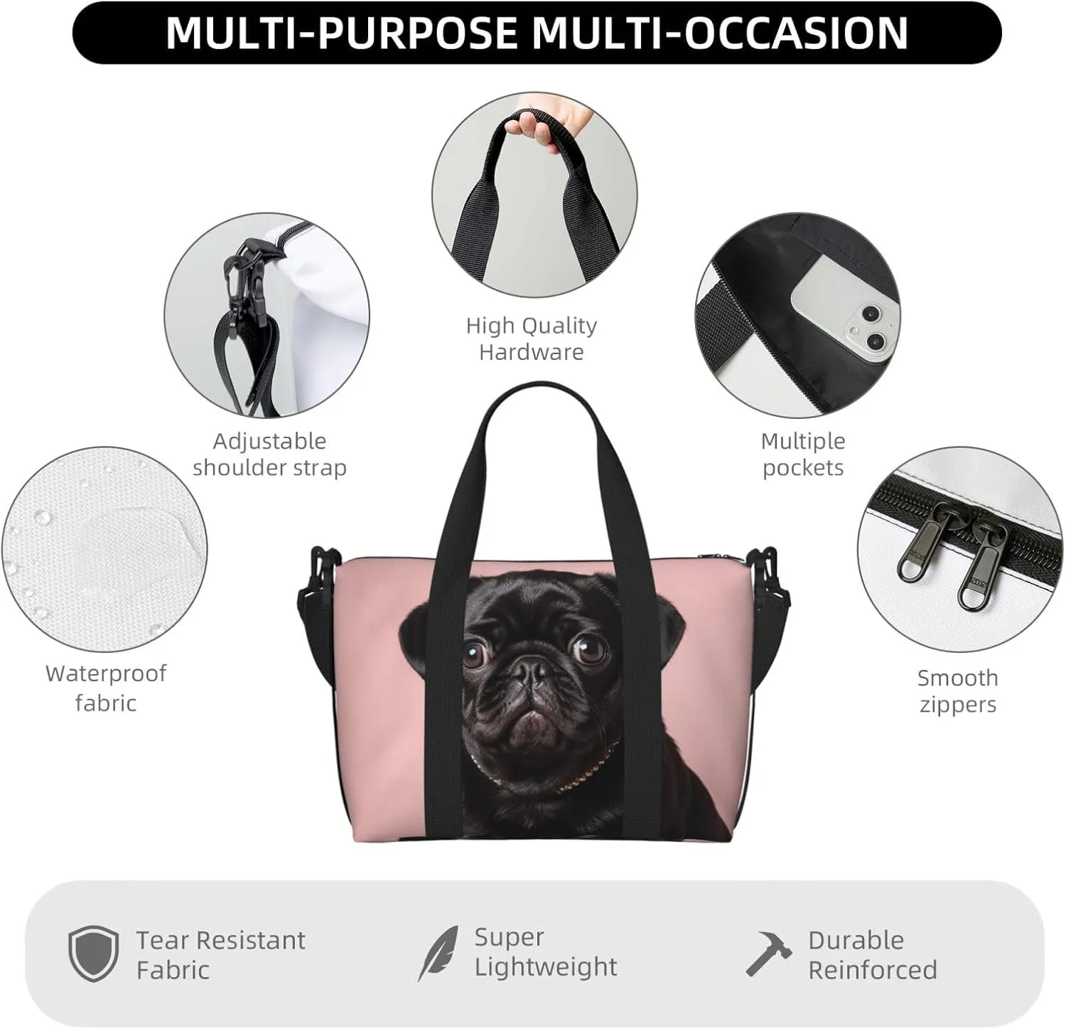Sports Gym Bag for Women Men Travel Duffel Bag Tote Cute Black Pug Weekender Bag Canvas Carry on Overnight Bag for Travel Swimming Fitness Workout Sports Duffle Bag
