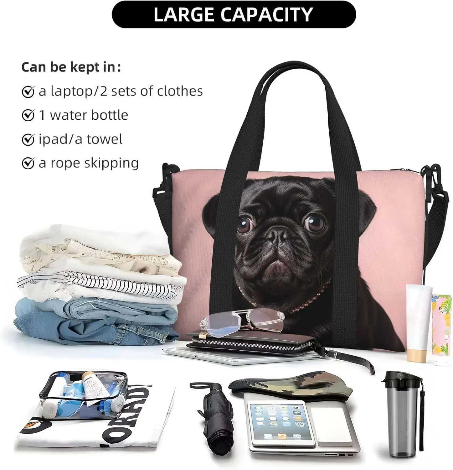 Sports Gym Bag for Women Men Travel Duffel Bag Tote Cute Black Pug Weekender Bag Canvas Carry on Overnight Bag for Travel Swimming Fitness Workout Sports Duffle Bag