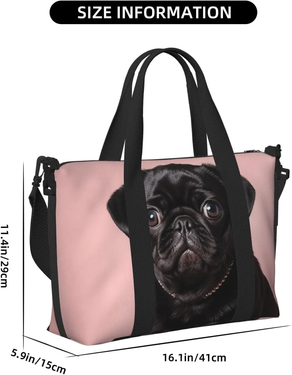 Sports Gym Bag for Women Men Travel Duffel Bag Tote Cute Black Pug Weekender Bag Canvas Carry on Overnight Bag for Travel Swimming Fitness Workout Sports Duffle Bag