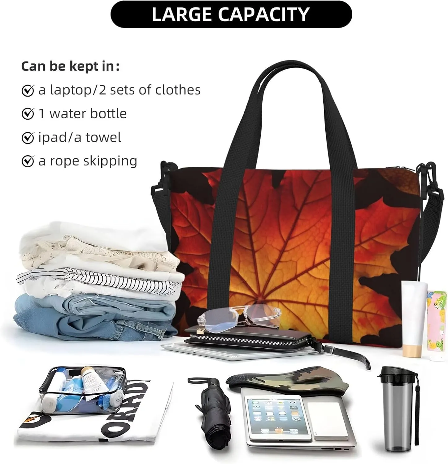 Sports Gym Bag for Women Men Travel Duffel Bag Tote Fall Autumn Leaves Weekender Bag Canvas Carry on Overnight Bag for Travel Swimming Fitness Workout Sports Duffle Bag