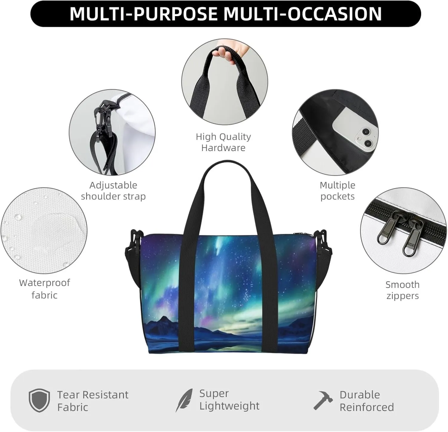Sports Gym Bag for Women Men Travel Duffel Bag Tote Northern Lights Weekender Bag Canvas Carry on Overnight Bag for Travel Swimming Fitness Workout Sports Duffle Bag