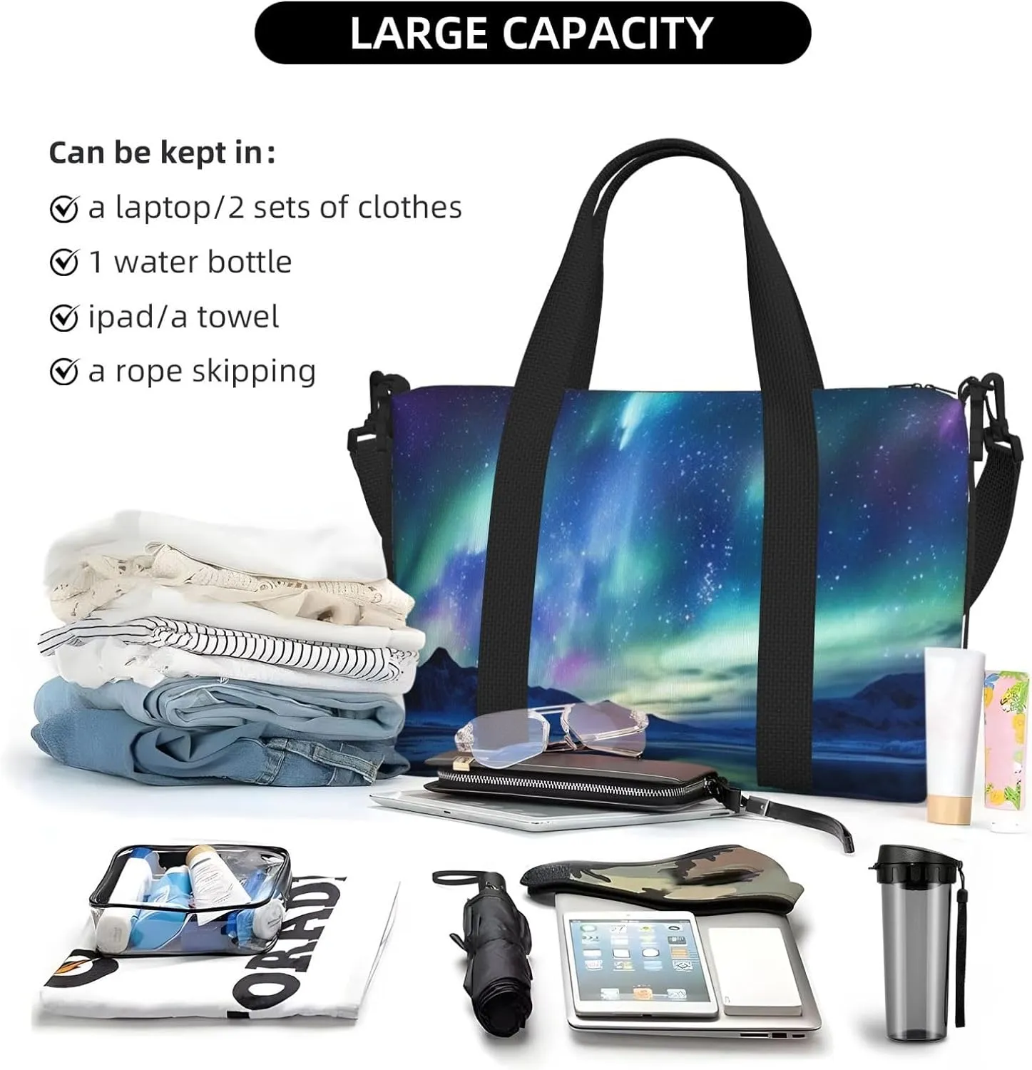 Sports Gym Bag for Women Men Travel Duffel Bag Tote Northern Lights Weekender Bag Canvas Carry on Overnight Bag for Travel Swimming Fitness Workout Sports Duffle Bag