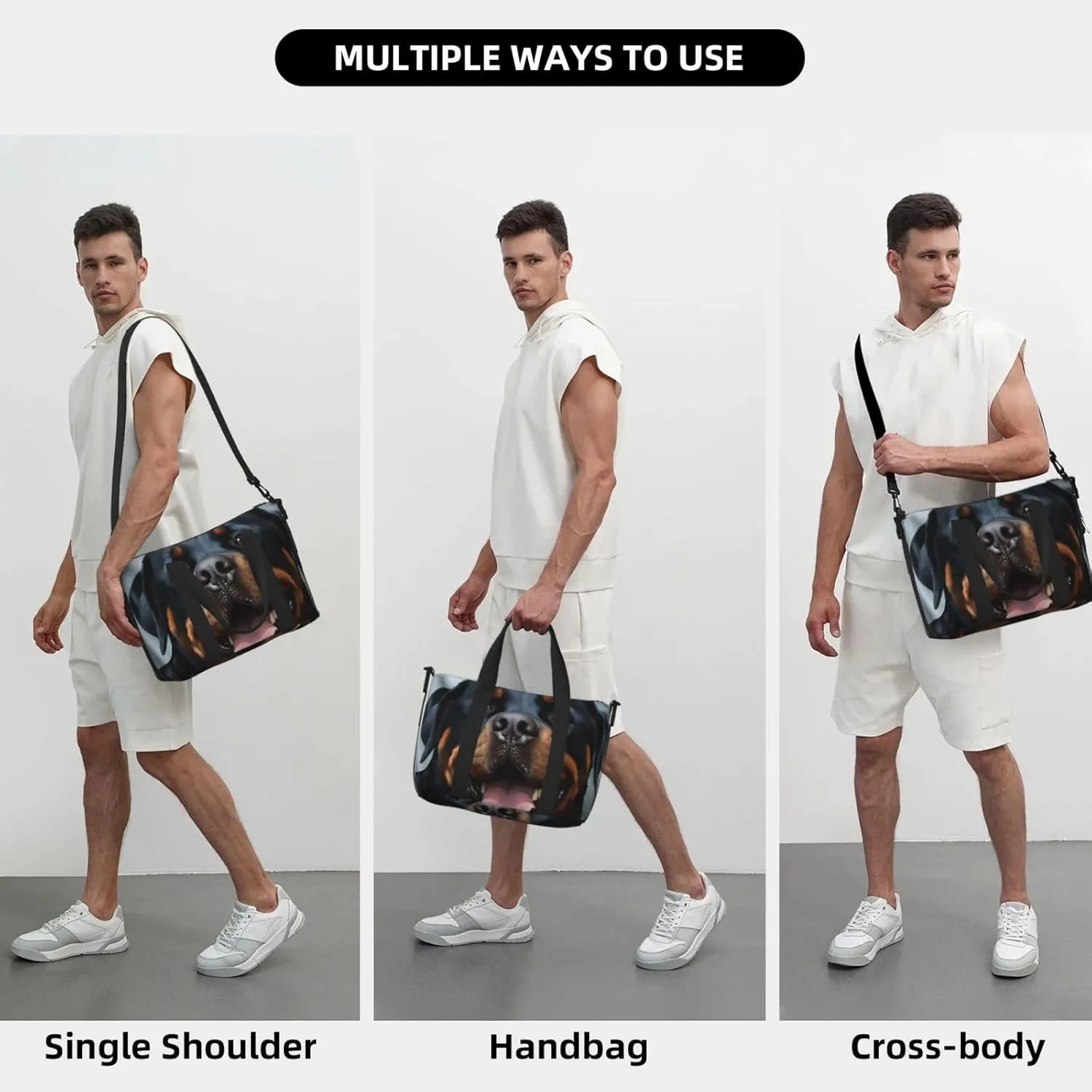 Sports Gym Bag for Women Men Travel Duffel Bag Tote Rottweiler dogs tongue head Weekender Bag Canvas Carry on Overnight Bag for Travel Swimming Fitness Workout Sports Duffle Bag