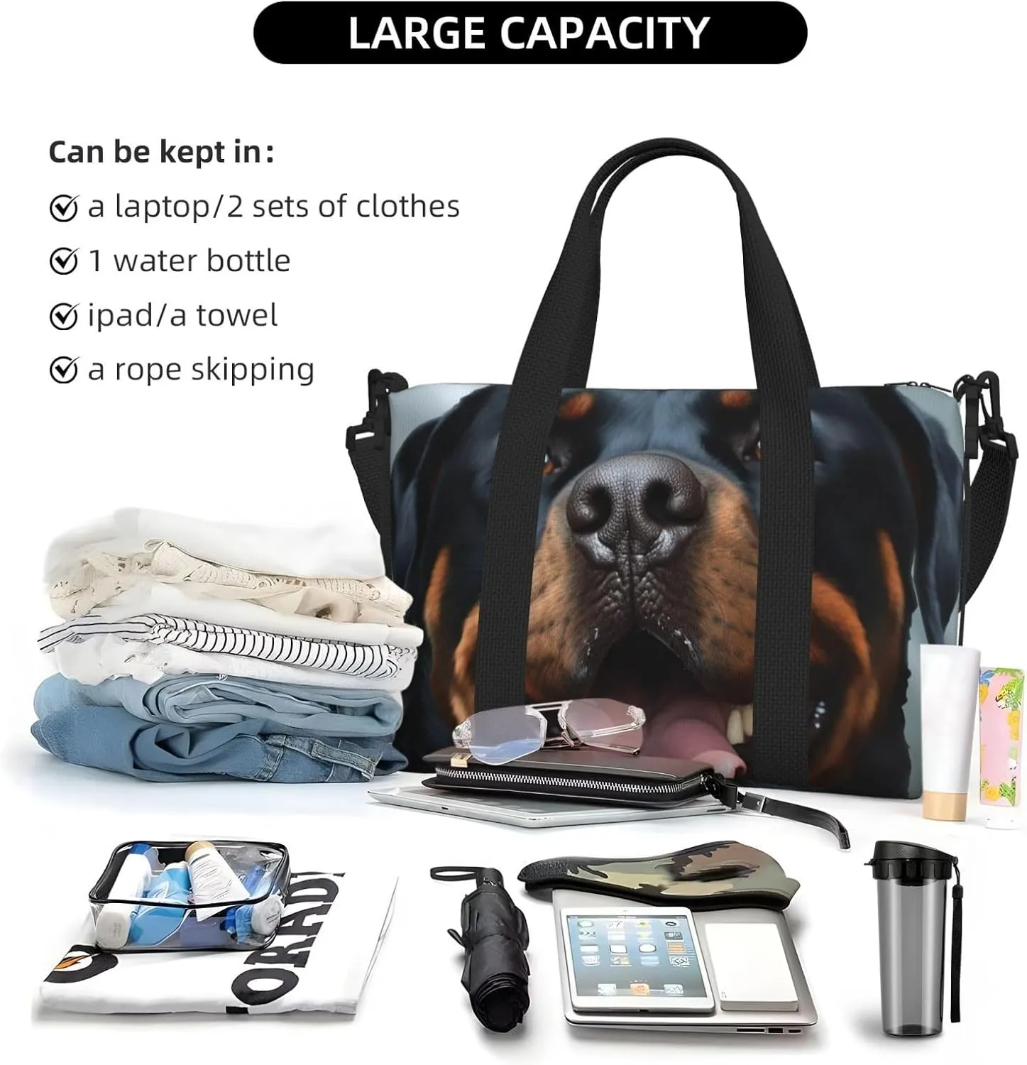 Sports Gym Bag for Women Men Travel Duffel Bag Tote Rottweiler dogs tongue head Weekender Bag Canvas Carry on Overnight Bag for Travel Swimming Fitness Workout Sports Duffle Bag