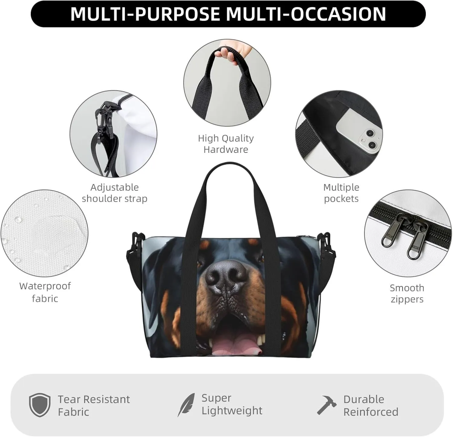 Sports Gym Bag for Women Men Travel Duffel Bag Tote Rottweiler dogs tongue head Weekender Bag Canvas Carry on Overnight Bag for Travel Swimming Fitness Workout Sports Duffle Bag