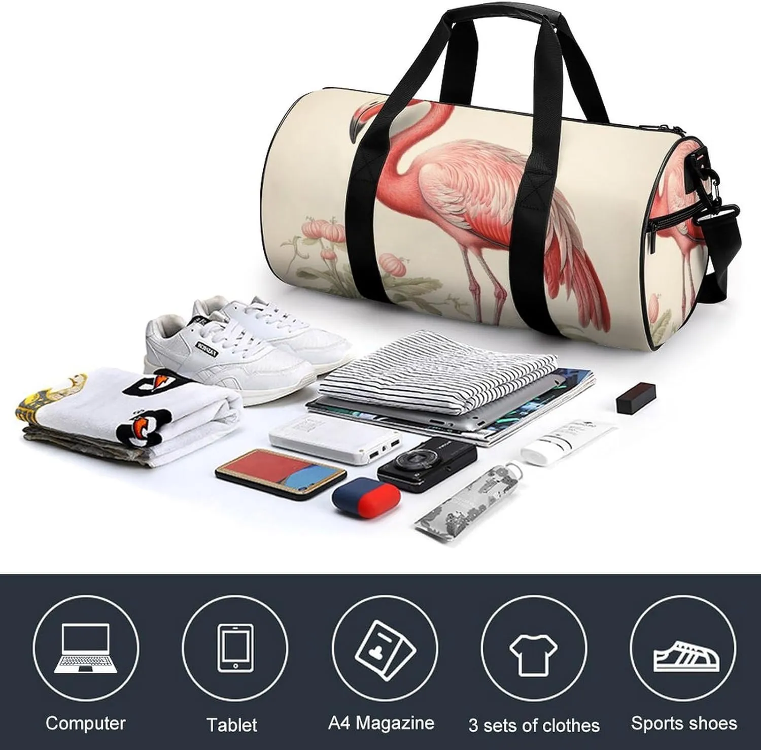 Sports Gym Bag for Women Men Travel Duffel Bag Tote Weekender Bag Art Flamingo Carry on Overnight Bag for Travel Swimming Fitness Workout Sports Duffle Bag