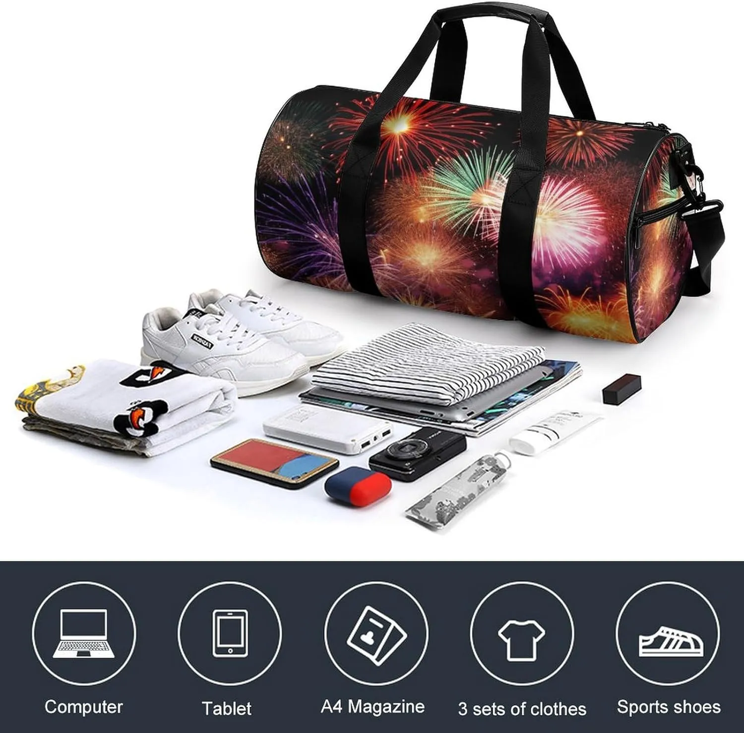 Sports Gym Bag for Women Men Travel Duffel Bag Tote Weekender Bag Beautiful Fireworks Carry on Overnight Bag for Travel Swimming Fitness Workout Sports Duffle Bag