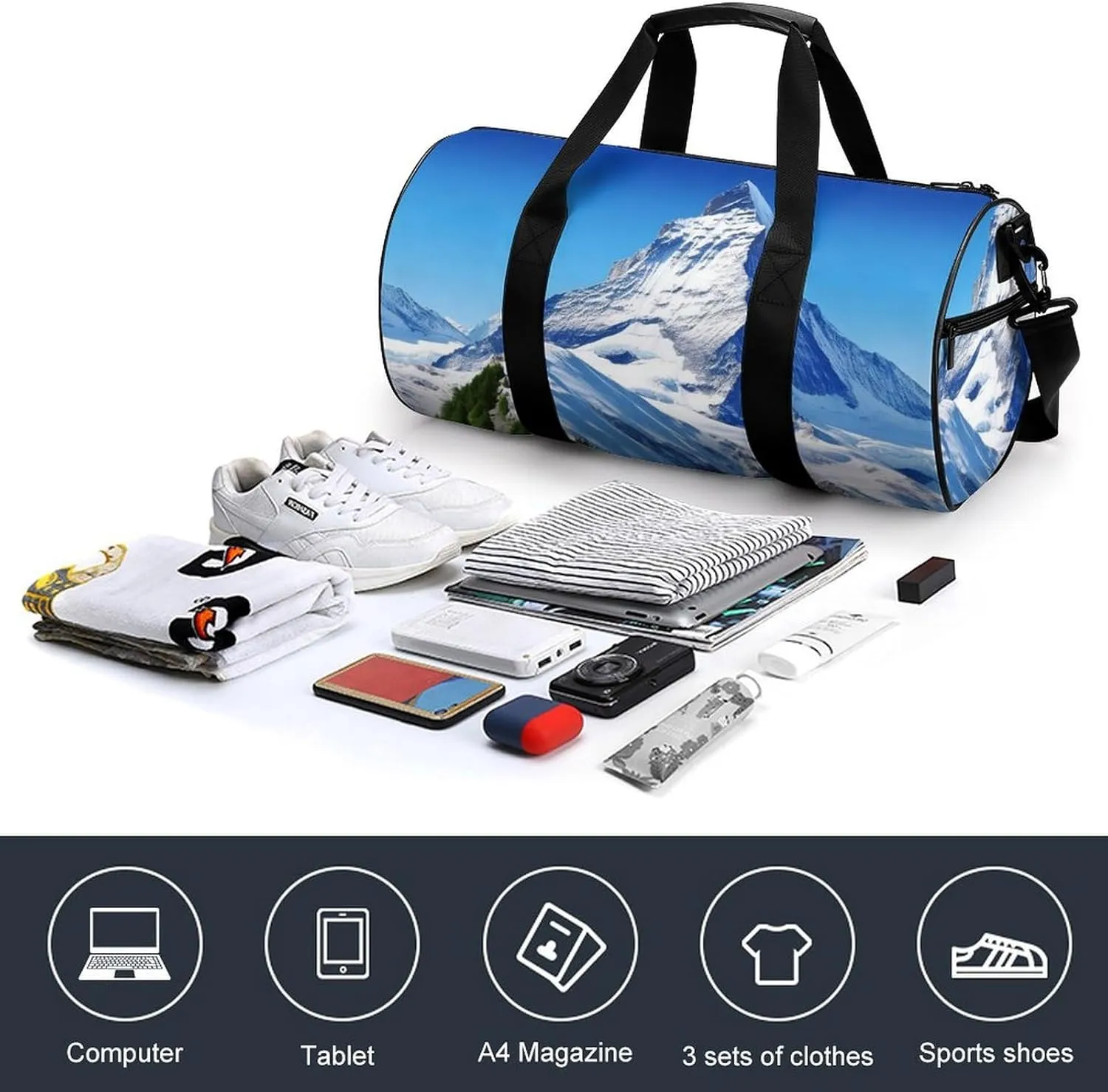 Sports Gym Bag for Women Men Travel Duffel Bag Tote Weekender Bag Beautiful Snow Mountain2 Carry on Overnight Bag for Travel Swimming Fitness Workout Sports Duffle Bag