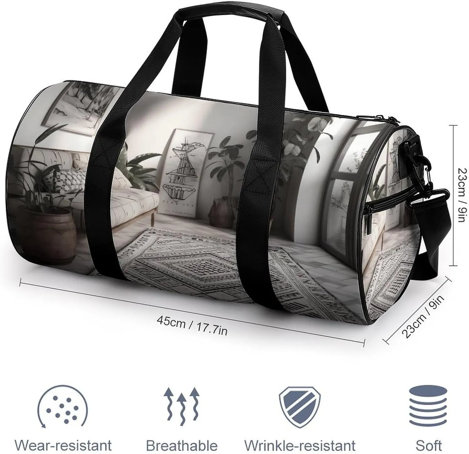 Sports Gym Bag for Women Men Travel Duffel Bag Tote Weekender Bag Black And White Style Room Carry on Overnight Bag for Travel Swimming Fitness Workout Sports Duffle Bag