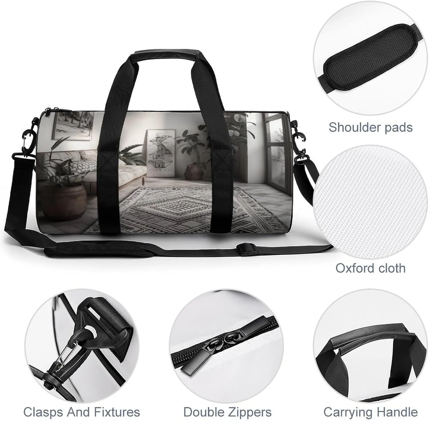 Sports Gym Bag for Women Men Travel Duffel Bag Tote Weekender Bag Black And White Style Room Carry on Overnight Bag for Travel Swimming Fitness Workout Sports Duffle Bag