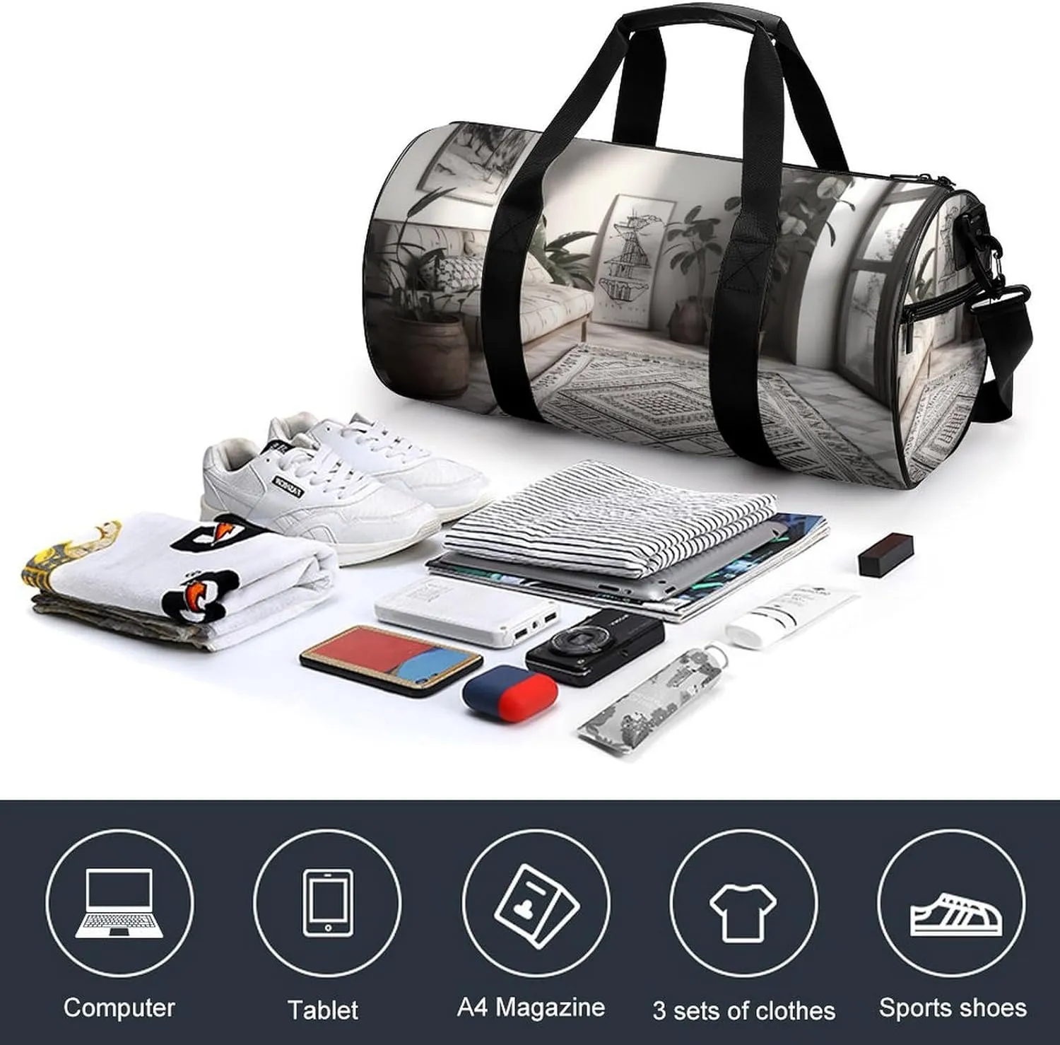 Sports Gym Bag for Women Men Travel Duffel Bag Tote Weekender Bag Black And White Style Room Carry on Overnight Bag for Travel Swimming Fitness Workout Sports Duffle Bag