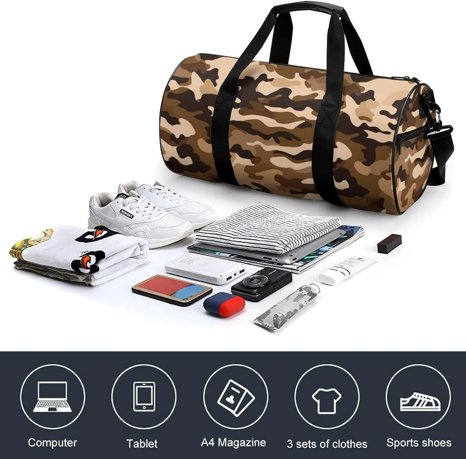 Sports Gym Bag for Women Men Travel Duffel Bag Tote Weekender Bag Brown Camouflage Carry on Overnight Bag for Travel Swimming Fitness Workout Sports Duffle Bag