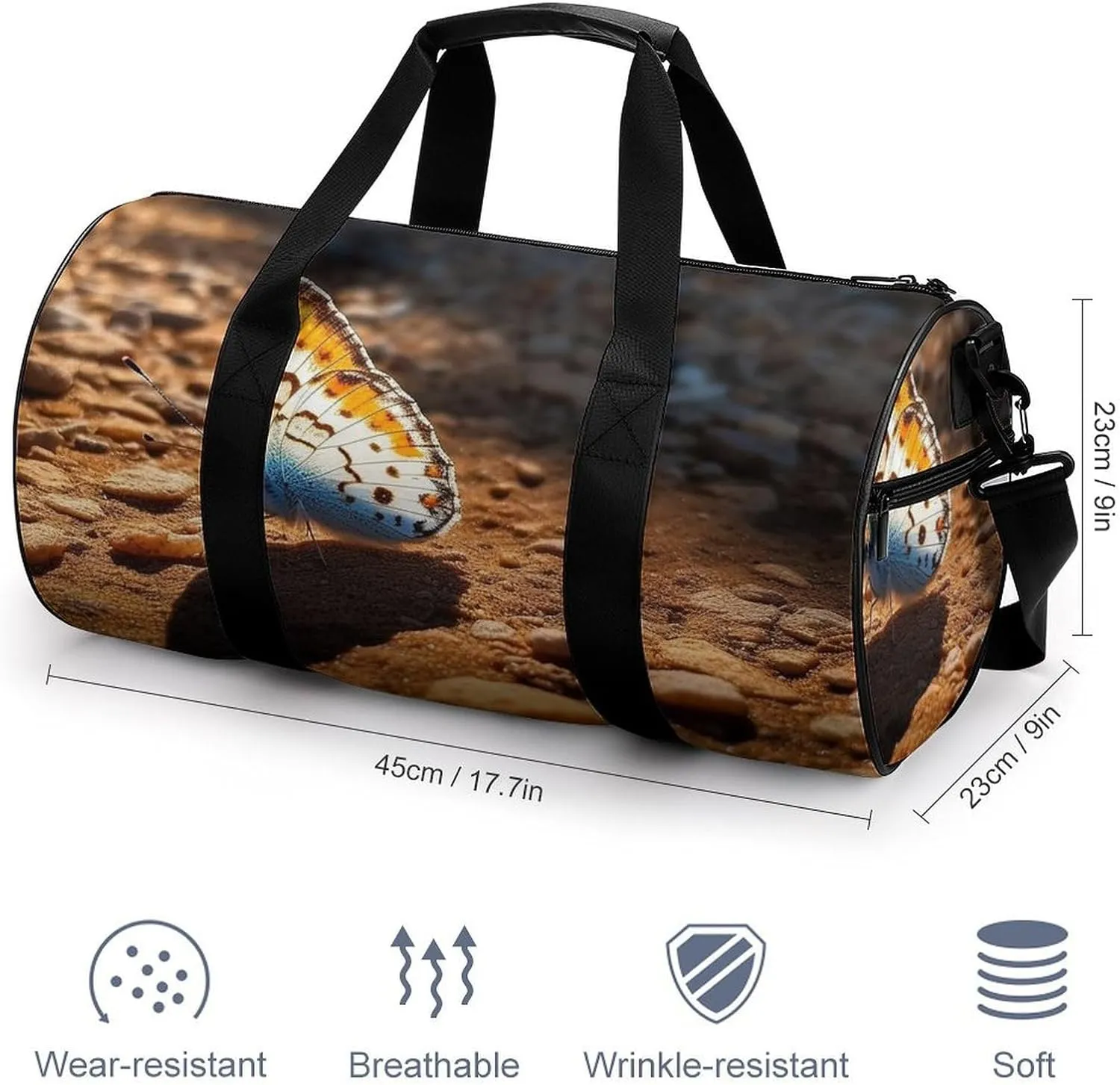 Sports Gym Bag for Women Men Travel Duffel Bag Tote Weekender Bag Butterfly on The Road Carry on Overnight Bag for Travel Swimming Fitness Workout Sports Duffle Bag