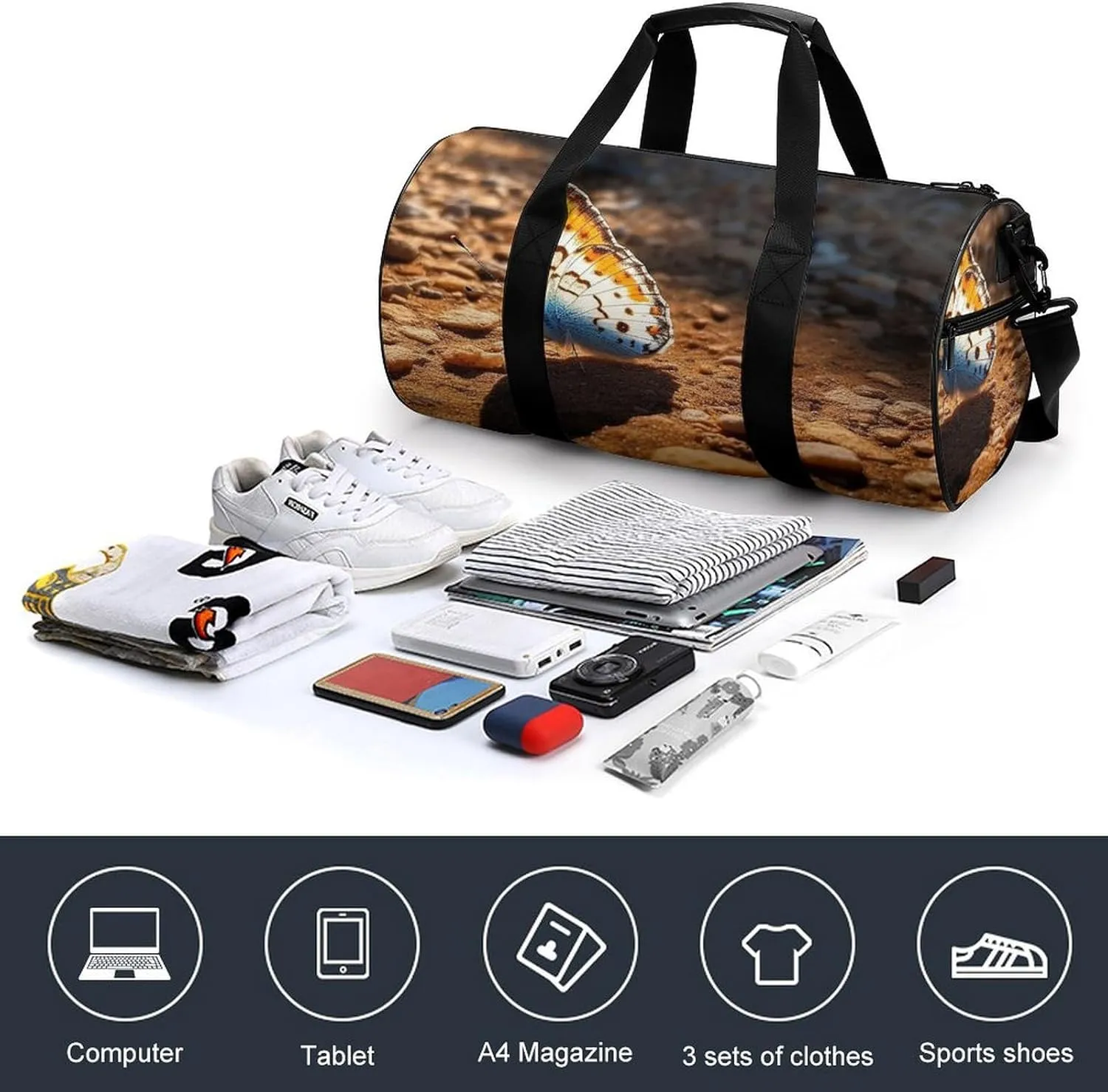 Sports Gym Bag for Women Men Travel Duffel Bag Tote Weekender Bag Butterfly on The Road Carry on Overnight Bag for Travel Swimming Fitness Workout Sports Duffle Bag