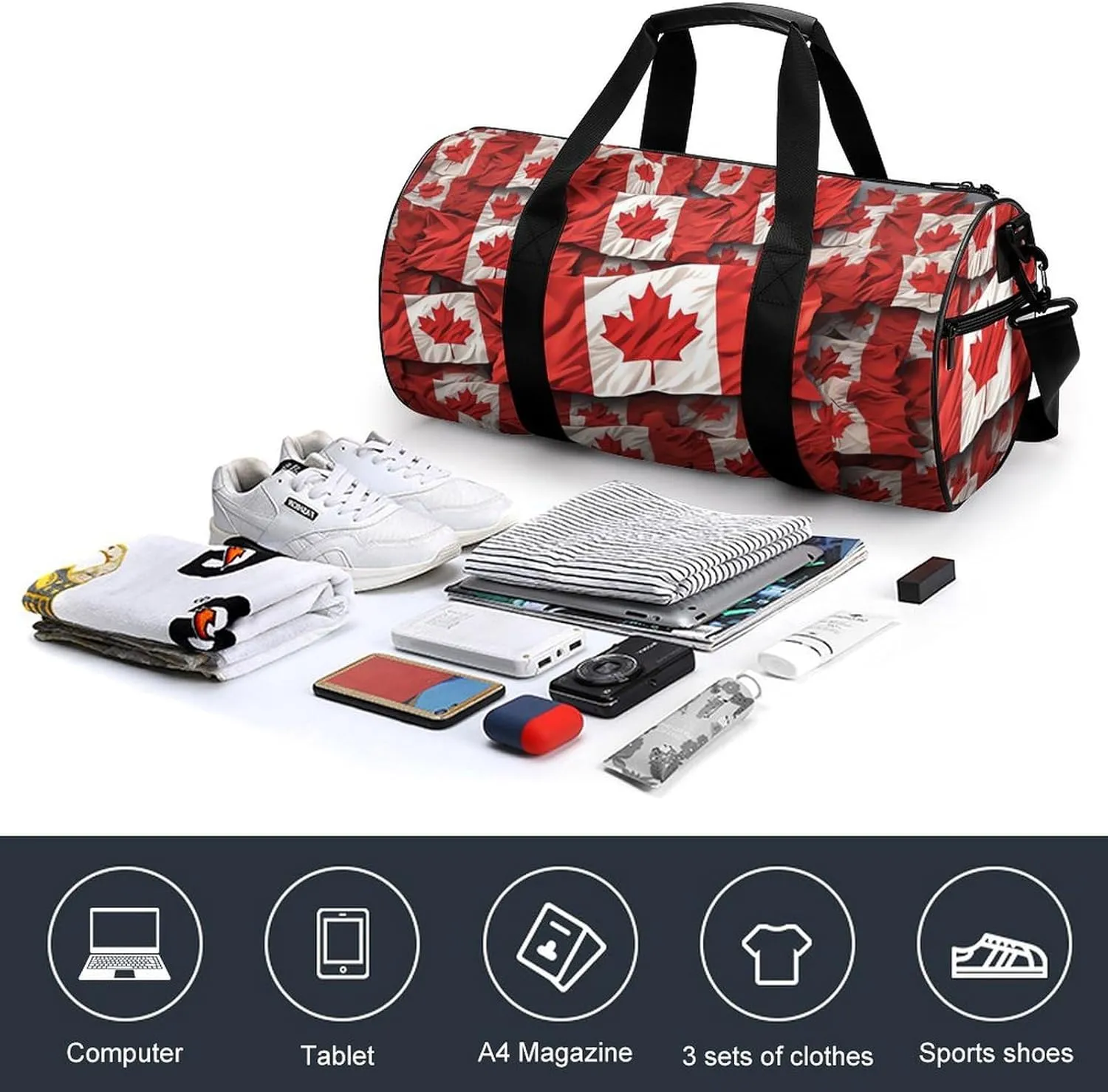 Sports Gym Bag for Women Men Travel Duffel Bag Tote Weekender Bag Canadian Flag Carry on Overnight Bag for Travel Swimming Fitness Workout Sports Duffle Bag