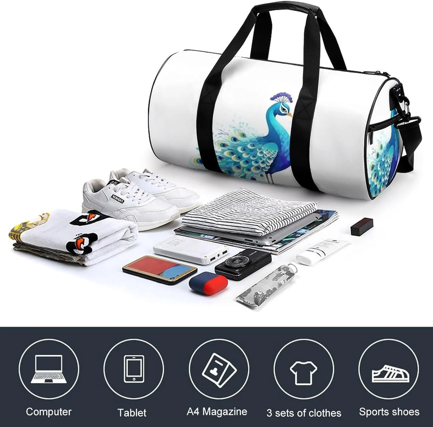 Sports Gym Bag for Women Men Travel Duffel Bag Tote Weekender Bag Cartoon Blue Peacock Carry on Overnight Bag for Travel Swimming Fitness Workout Sports Duffle Bag