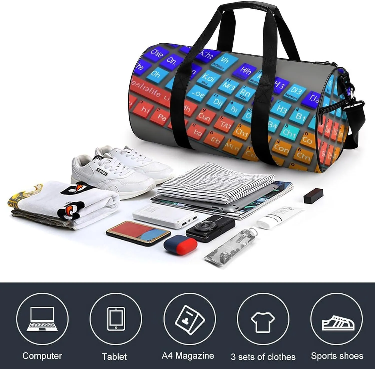 Sports Gym Bag for Women Men Travel Duffel Bag Tote Weekender Bag Chemical Periodic Table Carry on Overnight Bag for Travel Swimming Fitness Workout Sports Duffle Bag