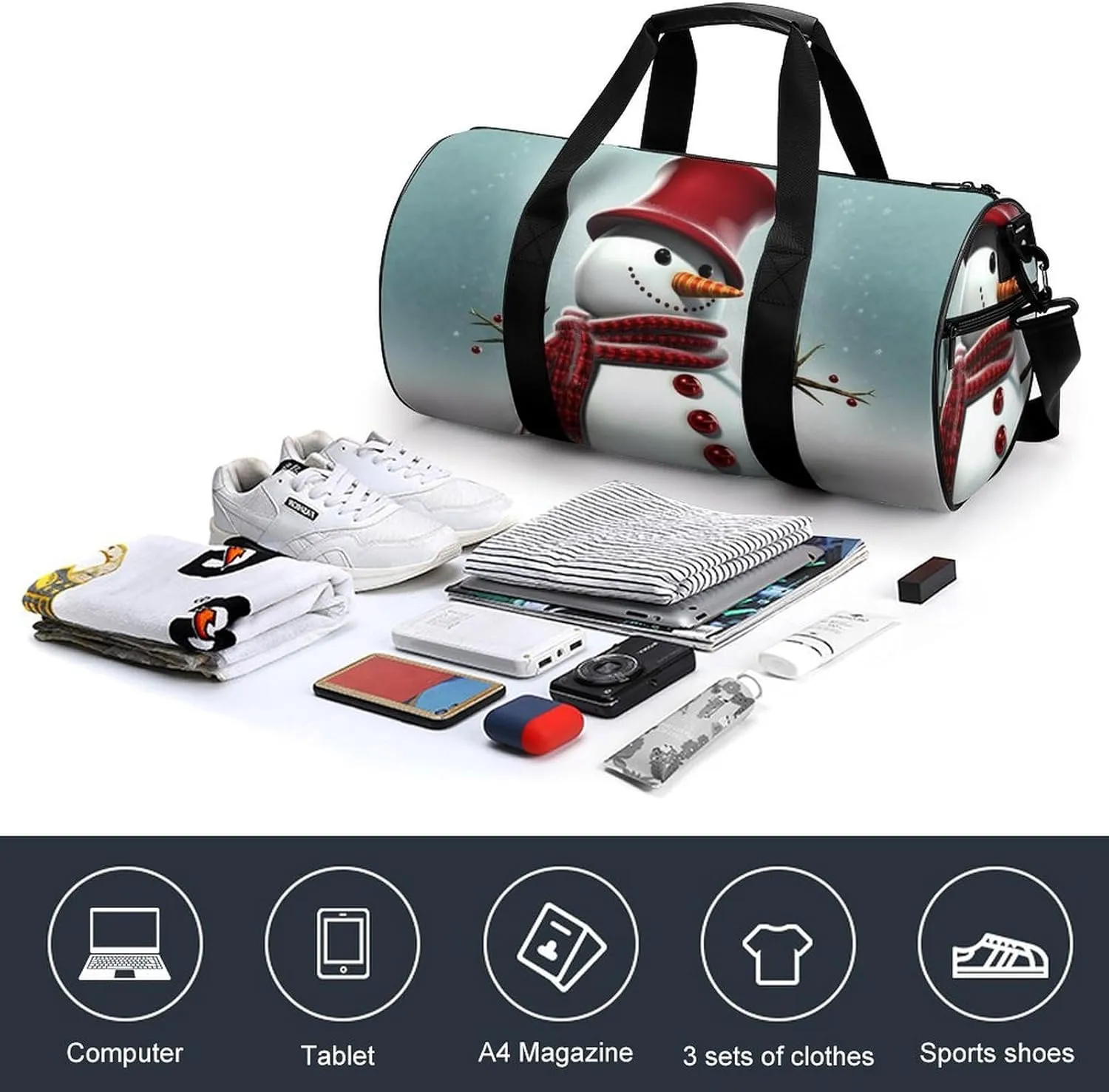 Sports Gym Bag for Women Men Travel Duffel Bag Tote Weekender Bag Christmas Snowman Carry on Overnight Bag for Travel Swimming Fitness Workout Sports Duffle Bag