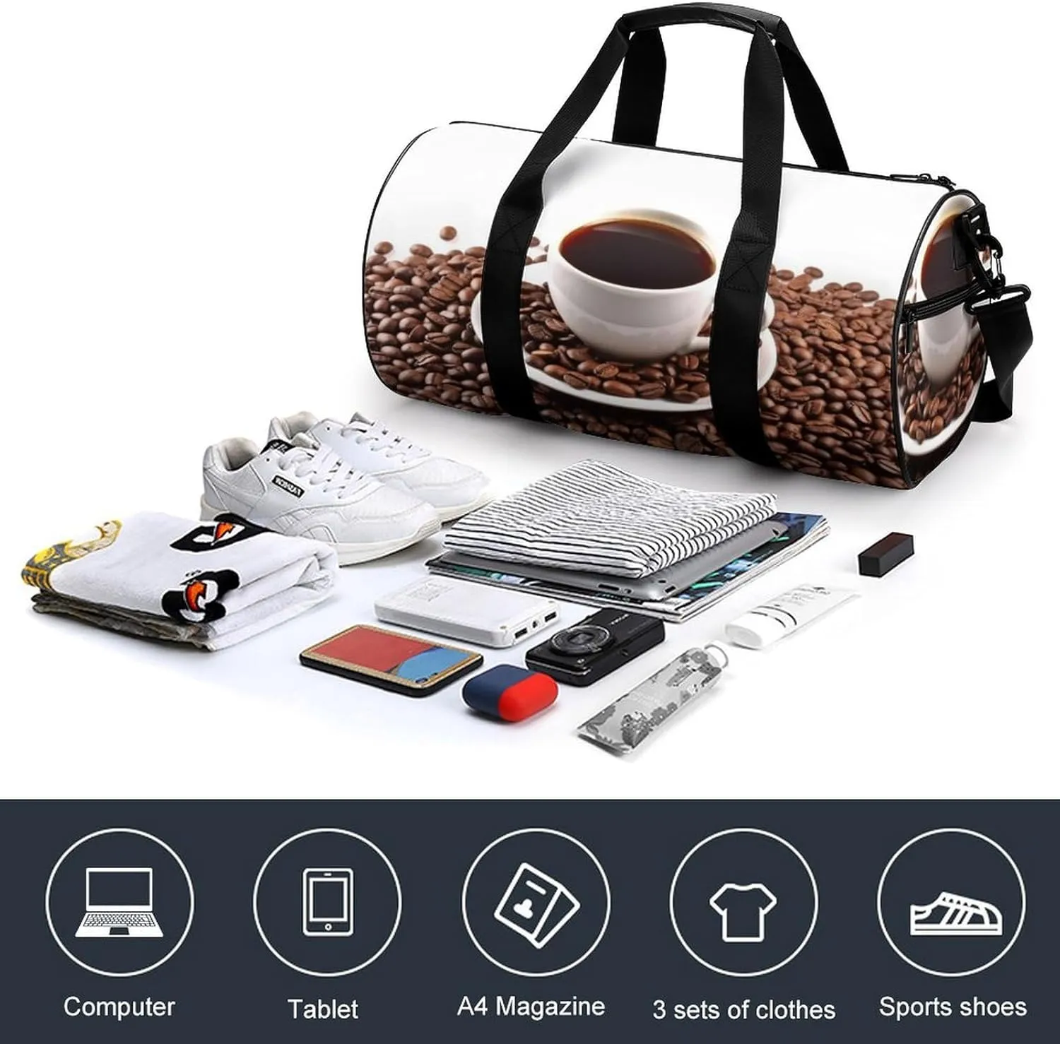 Sports Gym Bag for Women Men Travel Duffel Bag Tote Weekender Bag Coffee Beans & Cup Carry on Overnight Bag for Travel Swimming Fitness Workout Sports Duffle Bag